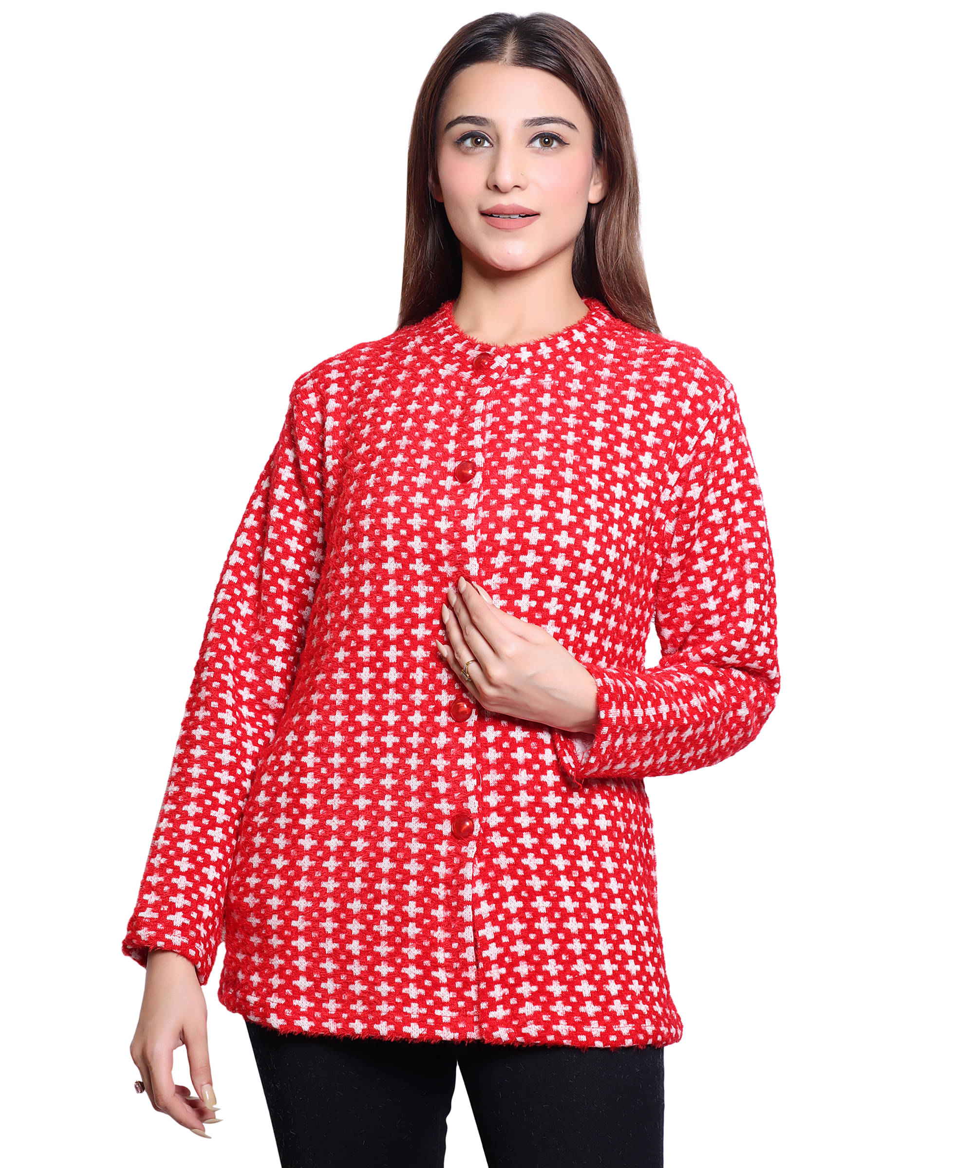    			HRD7 Women Woollen Round Neck Cardigan ( Red )