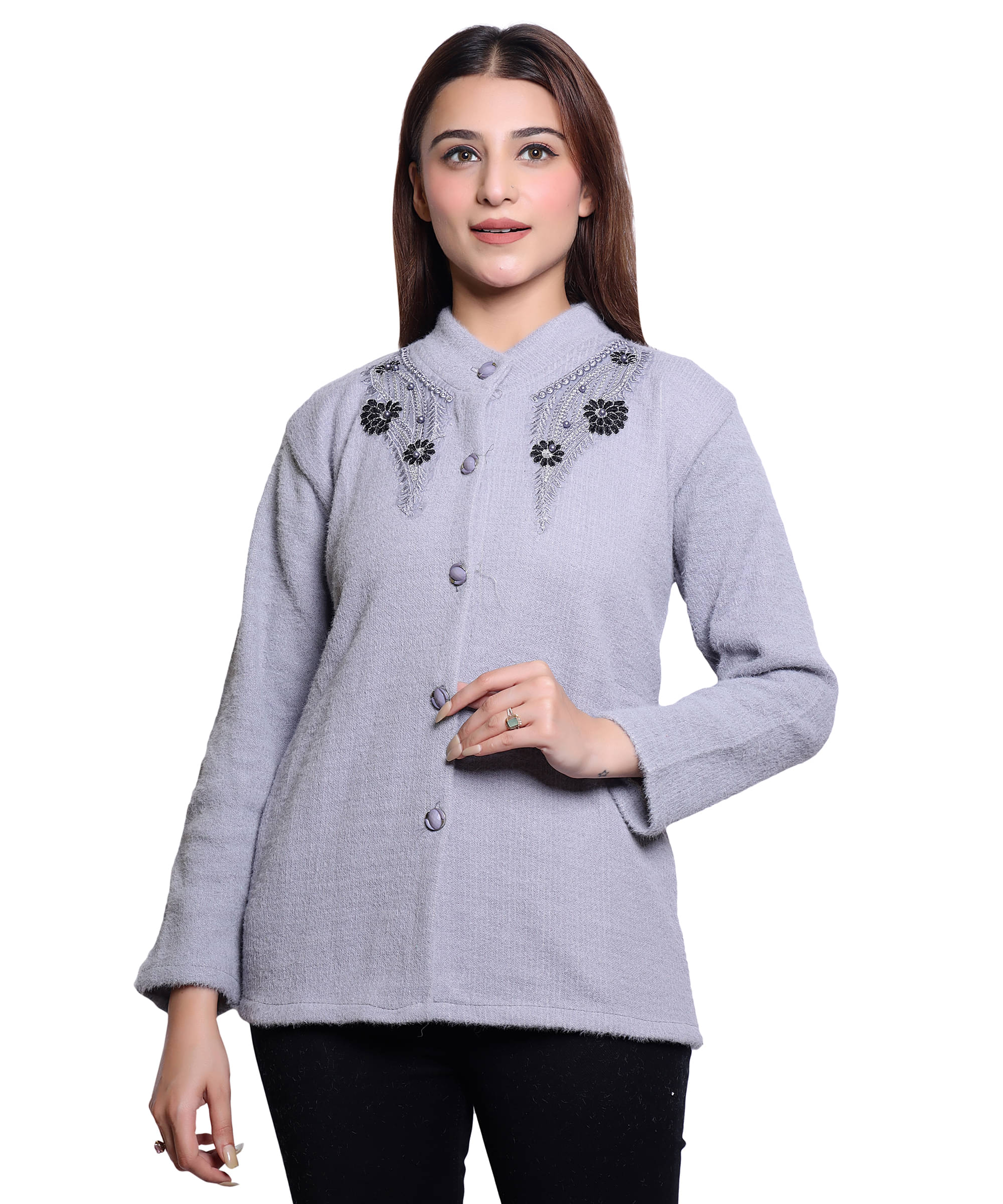     			HRD7 Women Woollen Round Neck Cardigan ( Grey )