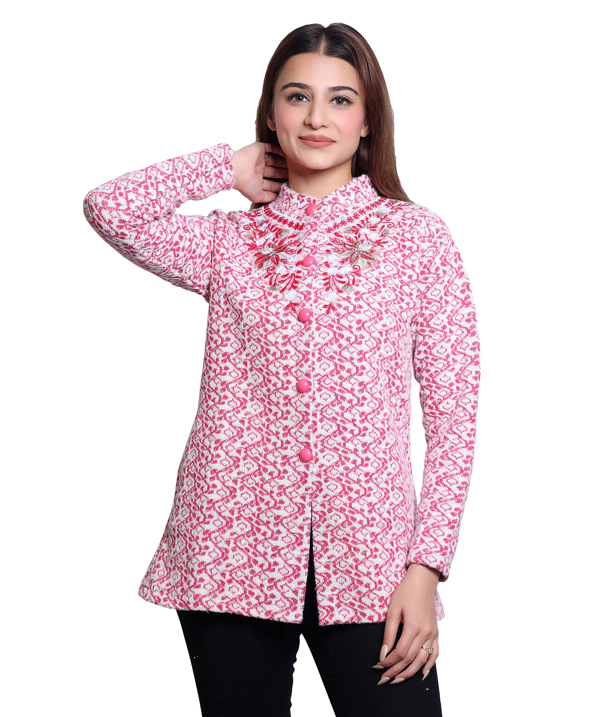 HRD7 Women Woollen Round Neck Cardigan ( Pink ) HRD7 Women Woollen Round Neck Cardigan ( Pink )