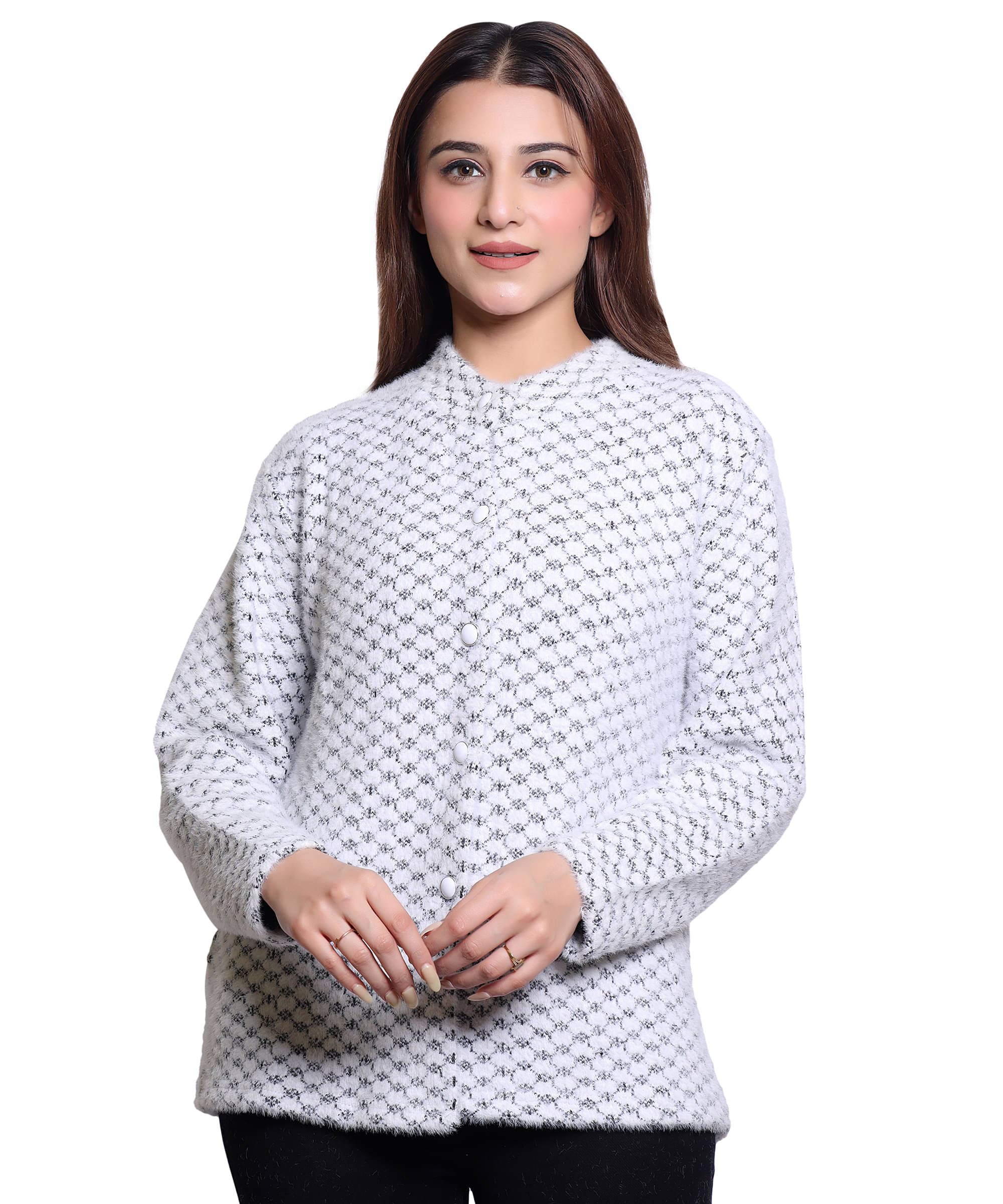 HRD7 Women Woollen Round Neck Cardigan ( White ) HRD7 Women Woollen Round Neck Cardigan ( White )