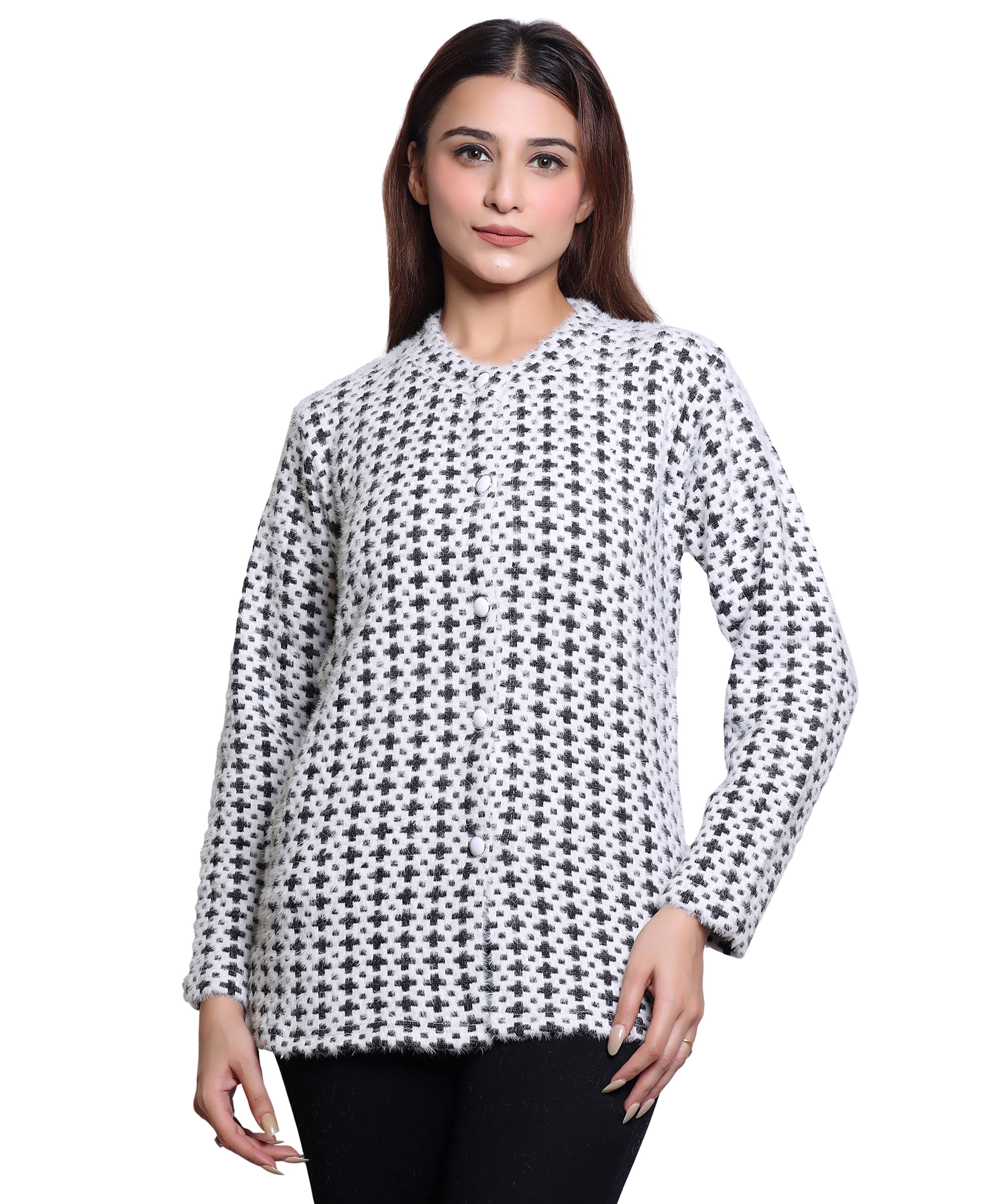 HRD7 Women Woollen Round Neck Cardigan ( White ) HRD7 Women Woollen Round Neck Cardigan ( White )