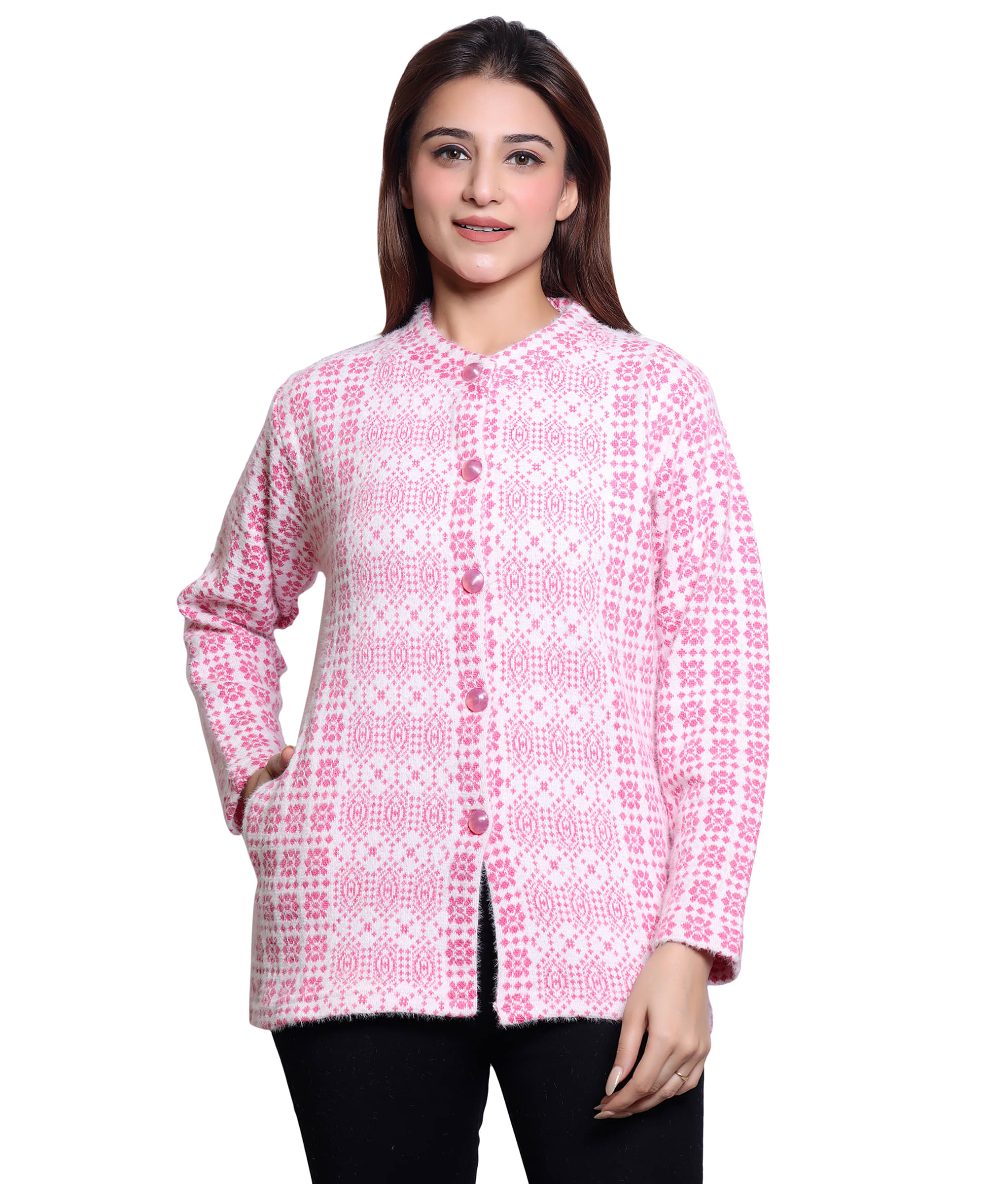     			HRD7 Women Woollen Round Neck Cardigan ( Pink )