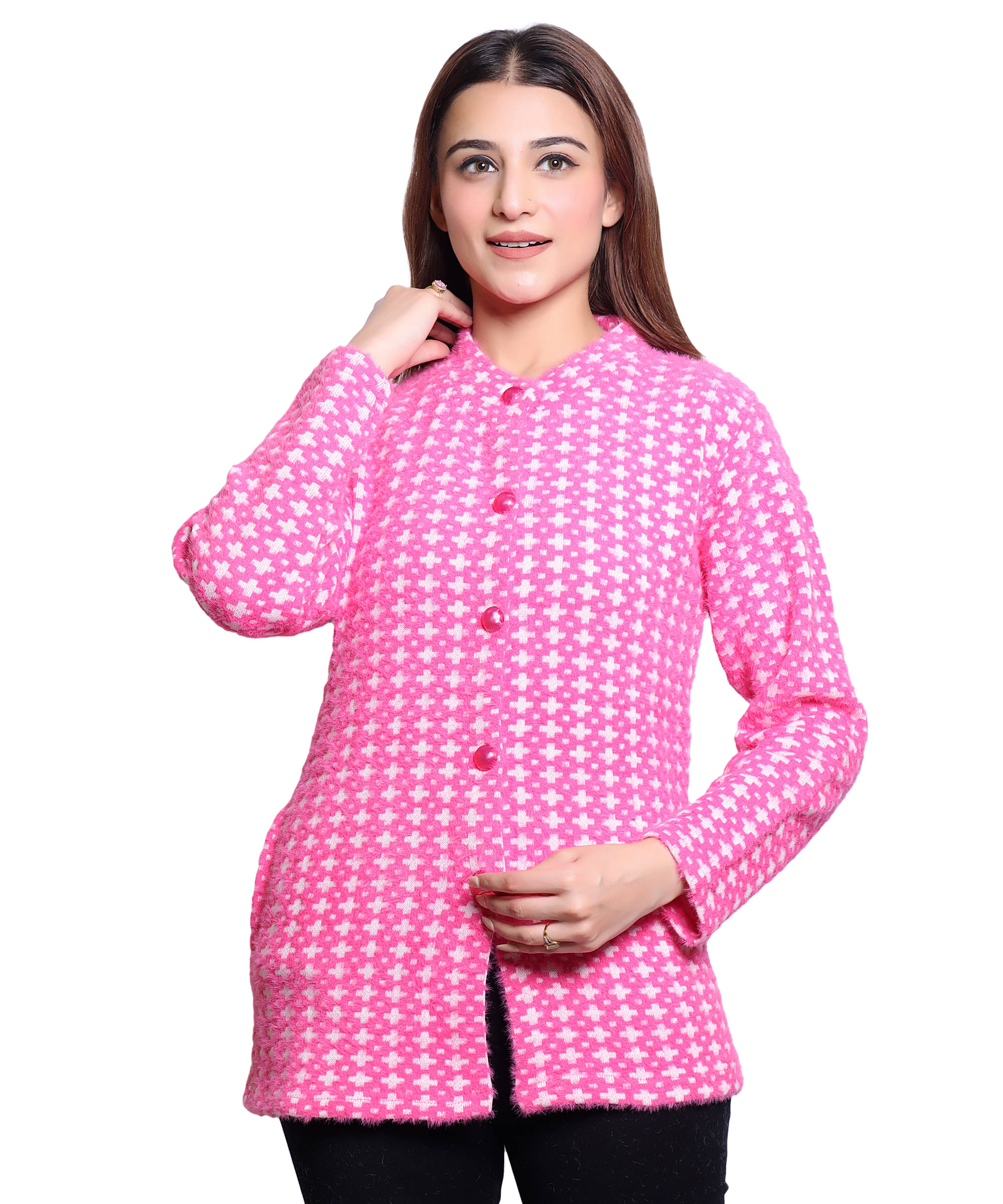 HRD7 Women Woollen Round Neck Cardigan ( Pink ) HRD7 Women Woollen Round Neck Cardigan ( Pink )