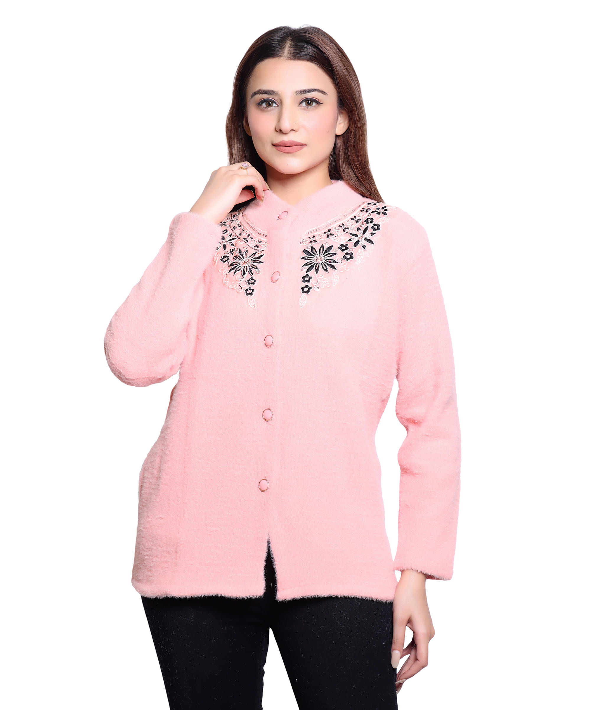 HRD7 Women Woollen Round Neck Cardigan ( Pink ) HRD7 Women Woollen Round Neck Cardigan ( Pink )