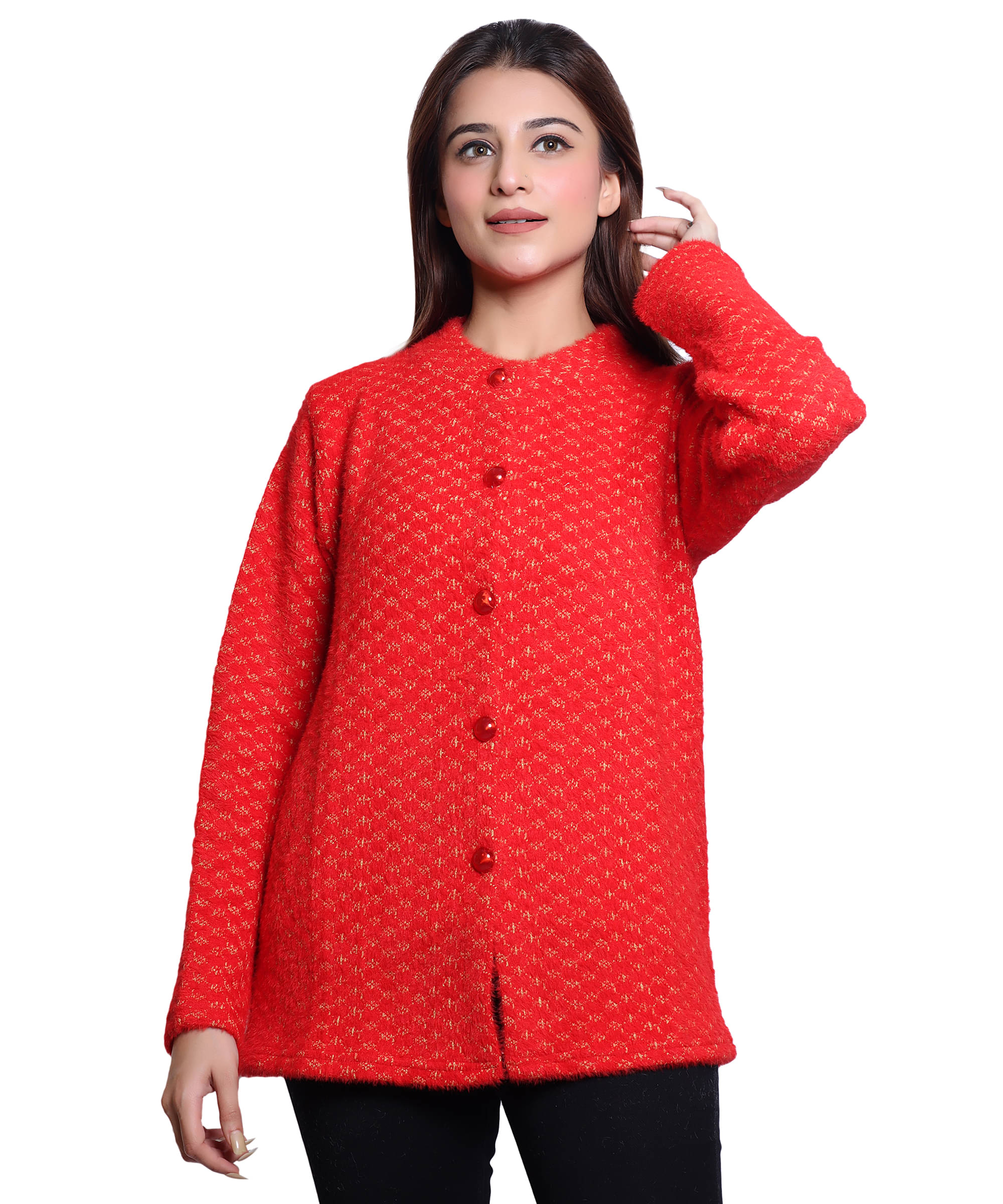     			HRD7 Women Woollen Round Neck Cardigan ( Red )