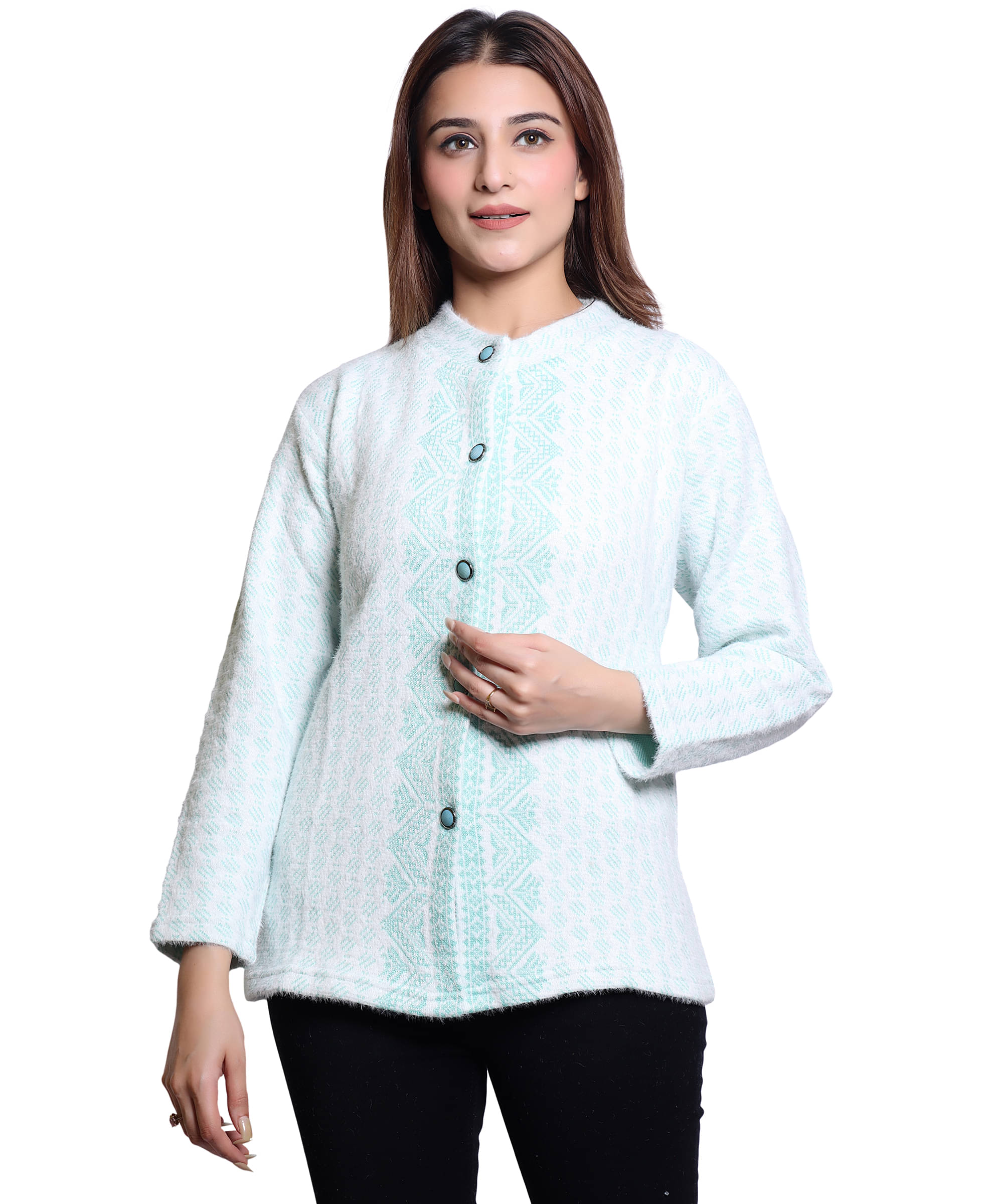     			HRD7 Women Woollen Round Neck Cardigan ( Light Green )