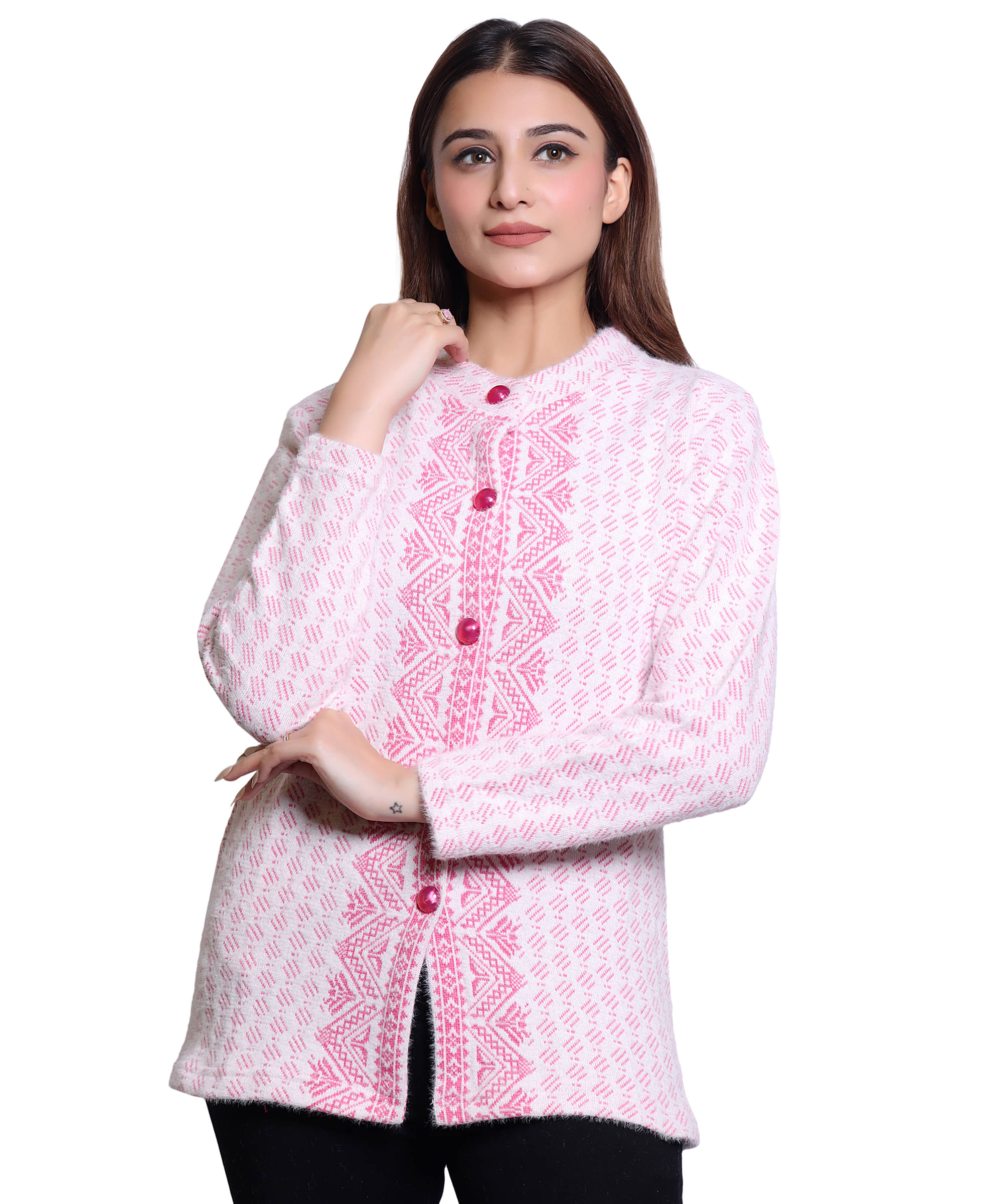 HRD7 Women Woollen Round Neck Cardigan ( Pink ) HRD7 Women Woollen Round Neck Cardigan ( Pink )