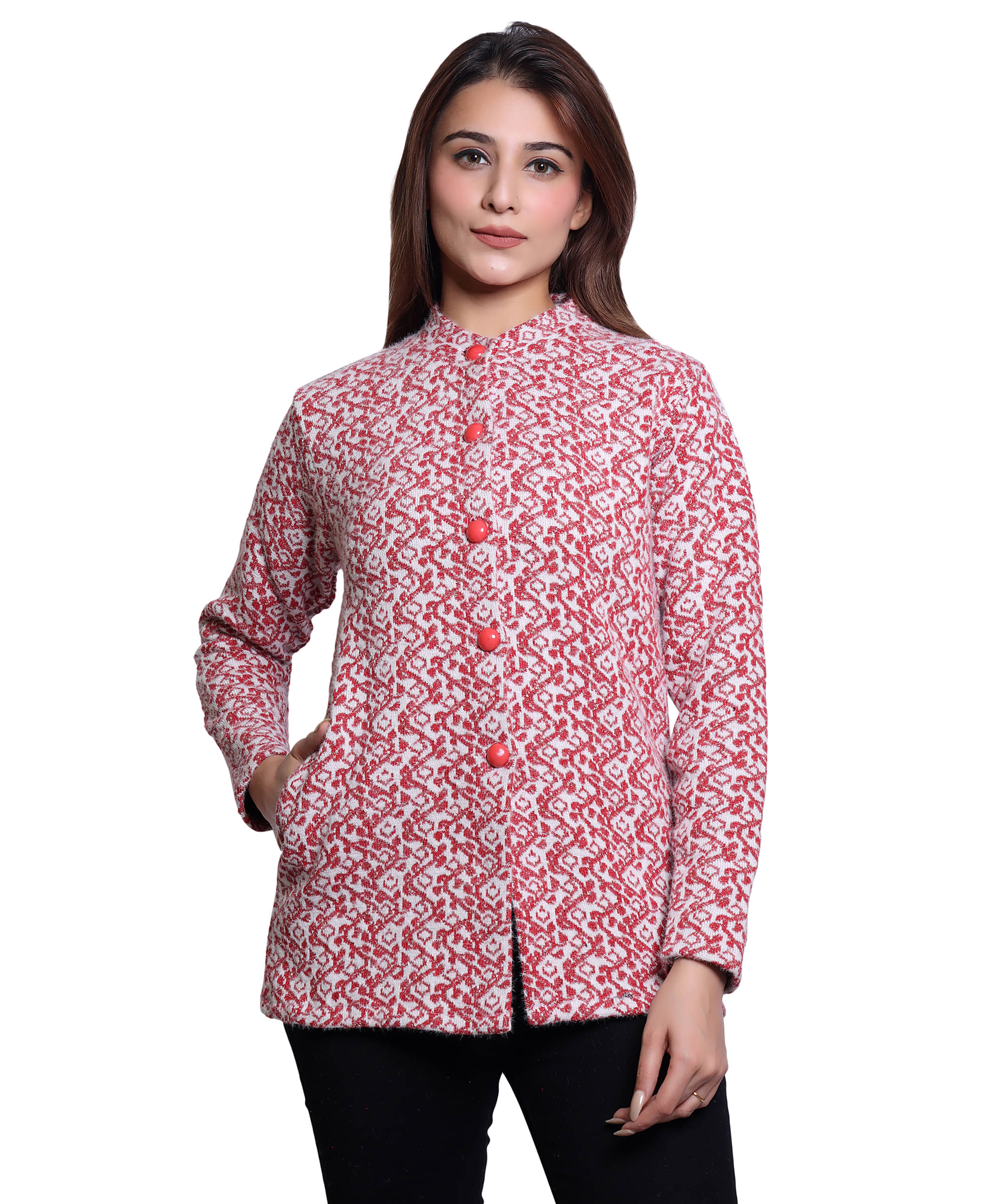     			HRD7 Women Woollen Round Neck Cardigan ( Red )