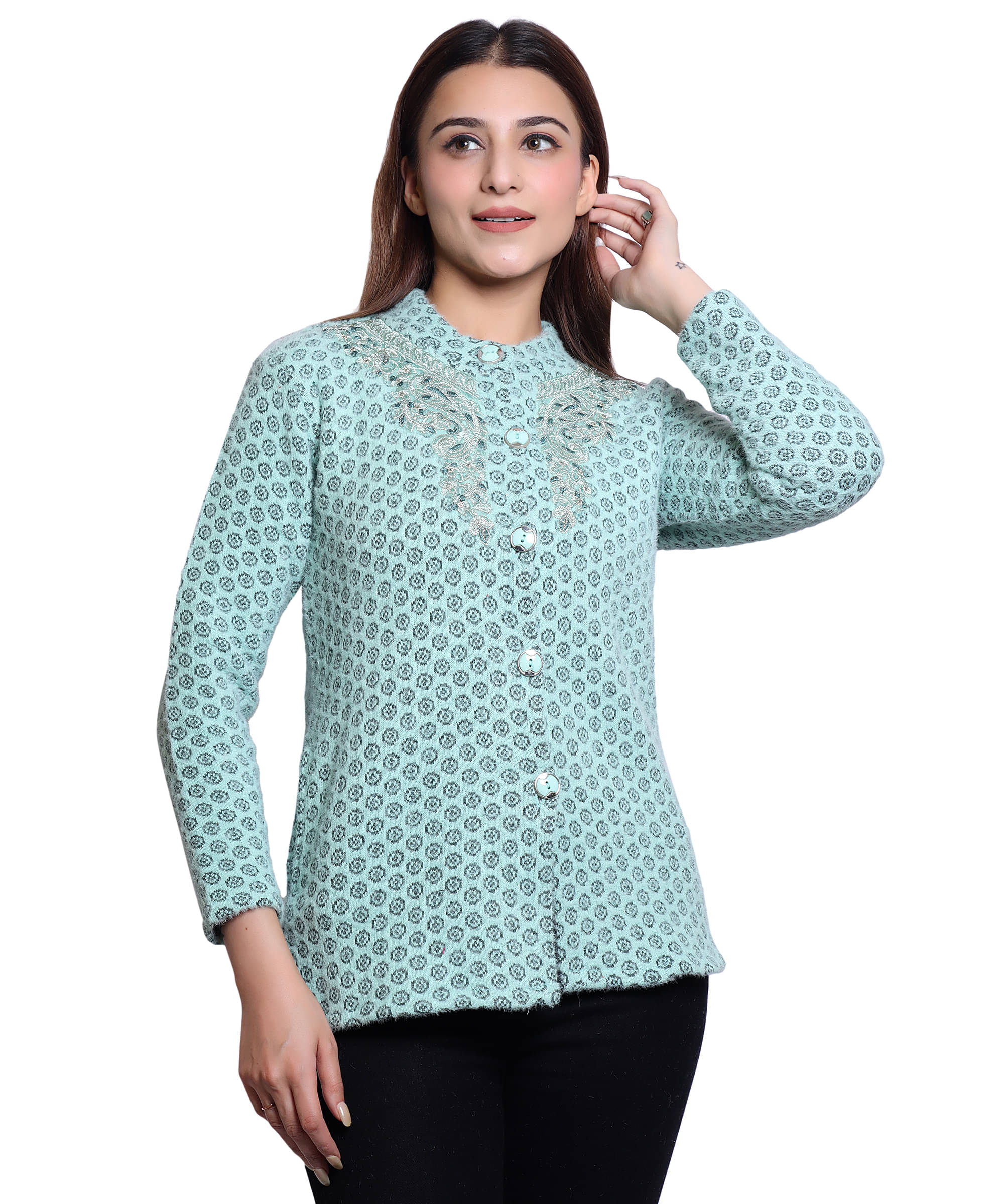     			HRD7 Women Woollen Round Neck Cardigan ( Dark Green )