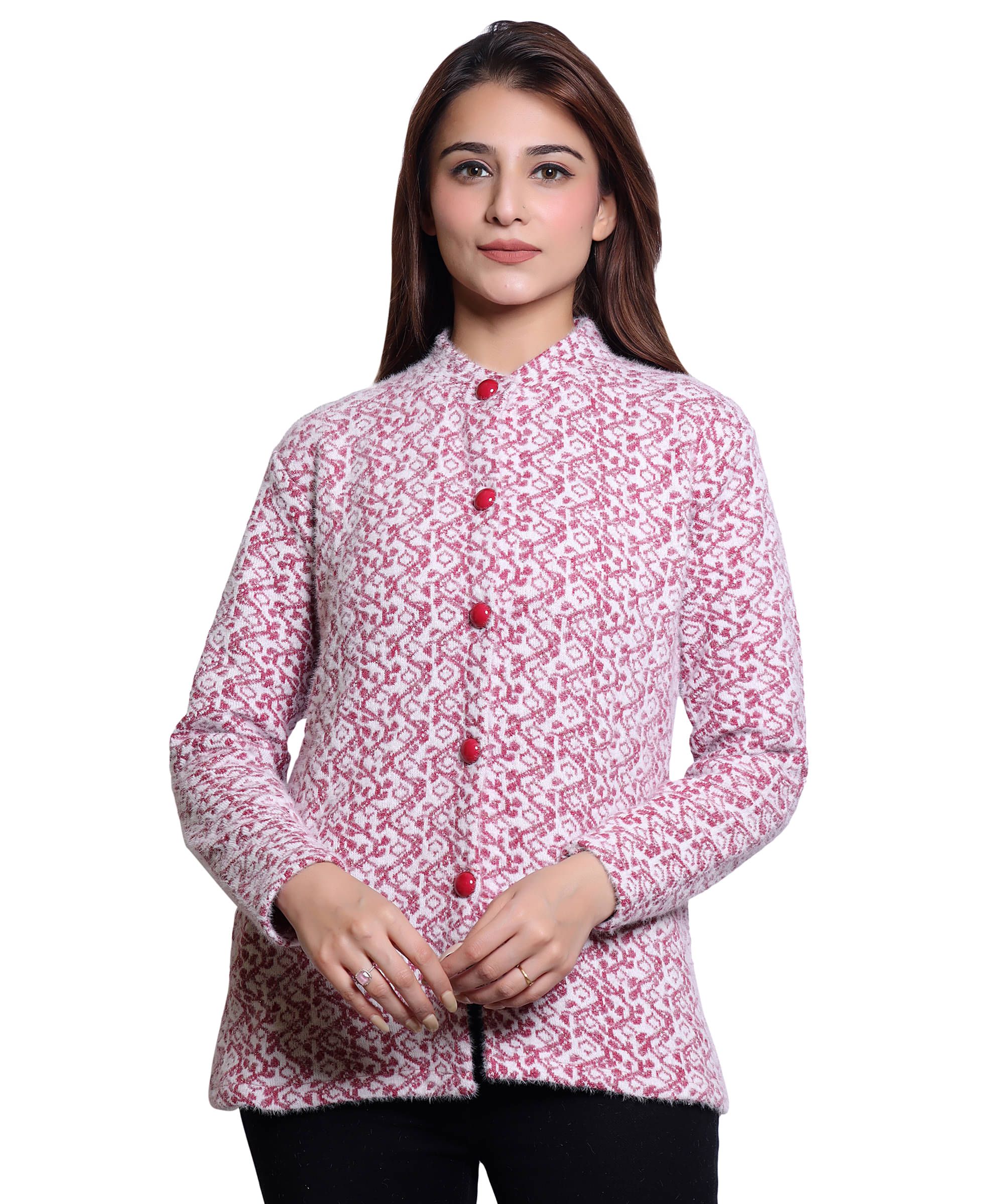 HRD7 Women Woollen Round Neck Cardigan ( Pink ) HRD7 Women Woollen Round Neck Cardigan ( Pink )