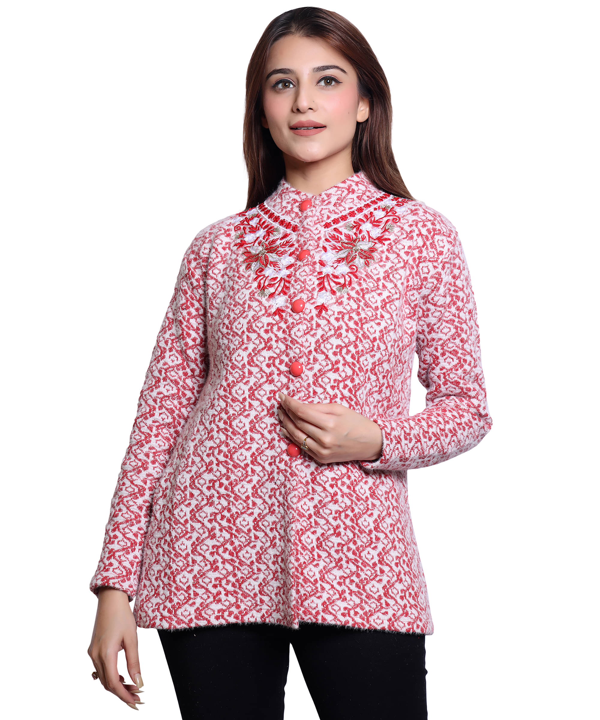     			HRD7 Women Woollen Round Neck Cardigan ( Red )