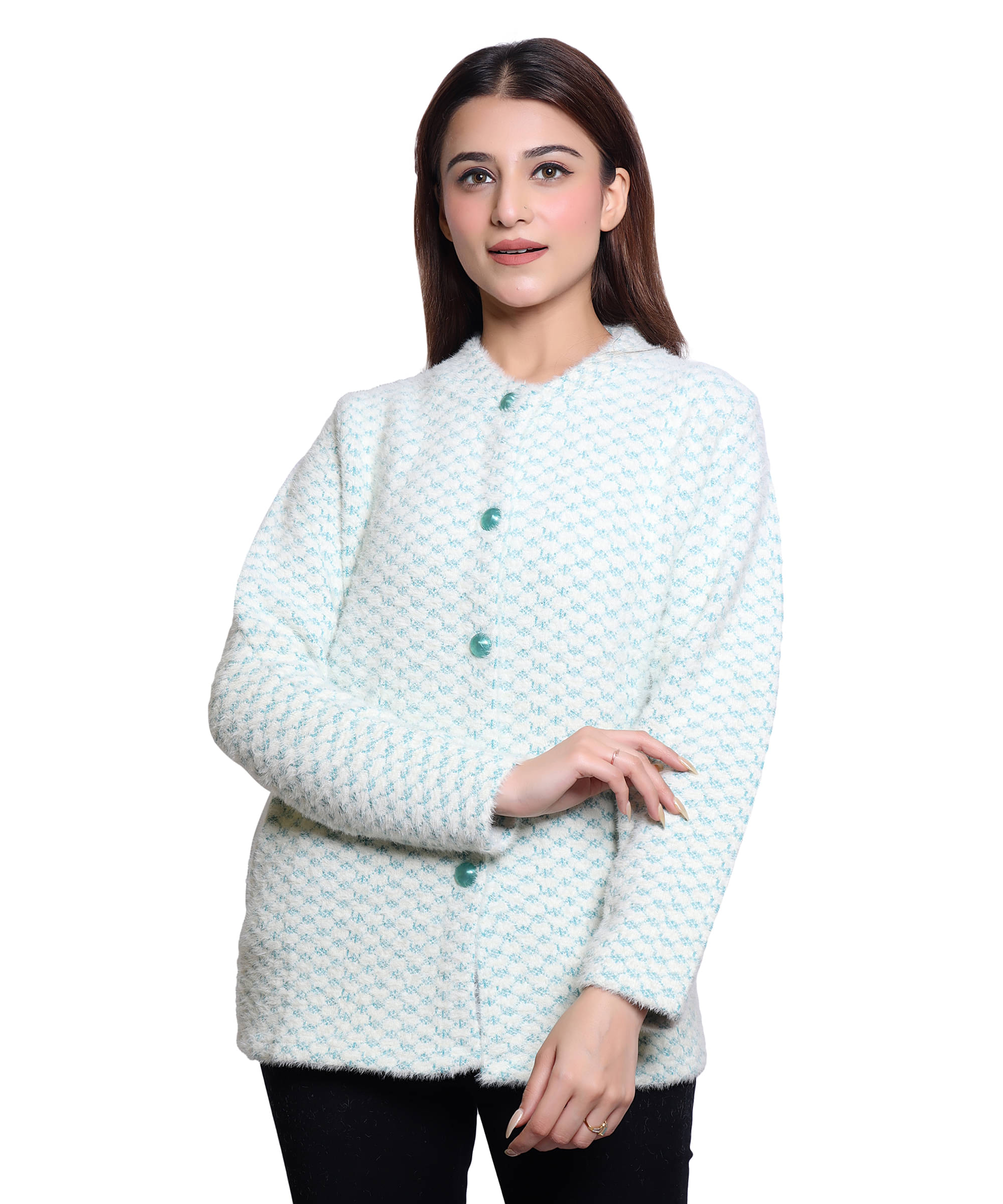     			HRD7 Women Woollen Round Neck Cardigan ( Light Green )