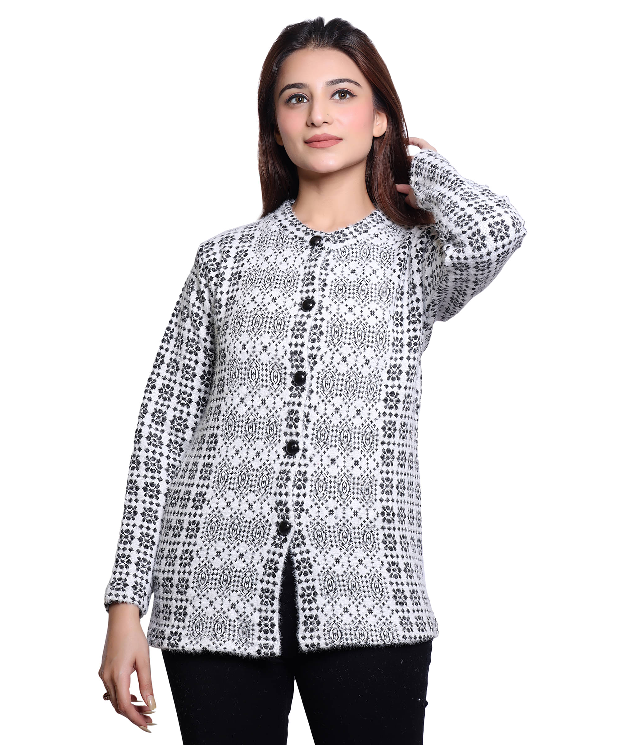 HRD7 Women Woollen Round Neck Cardigan ( White ) HRD7 Women Woollen Round Neck Cardigan ( White )