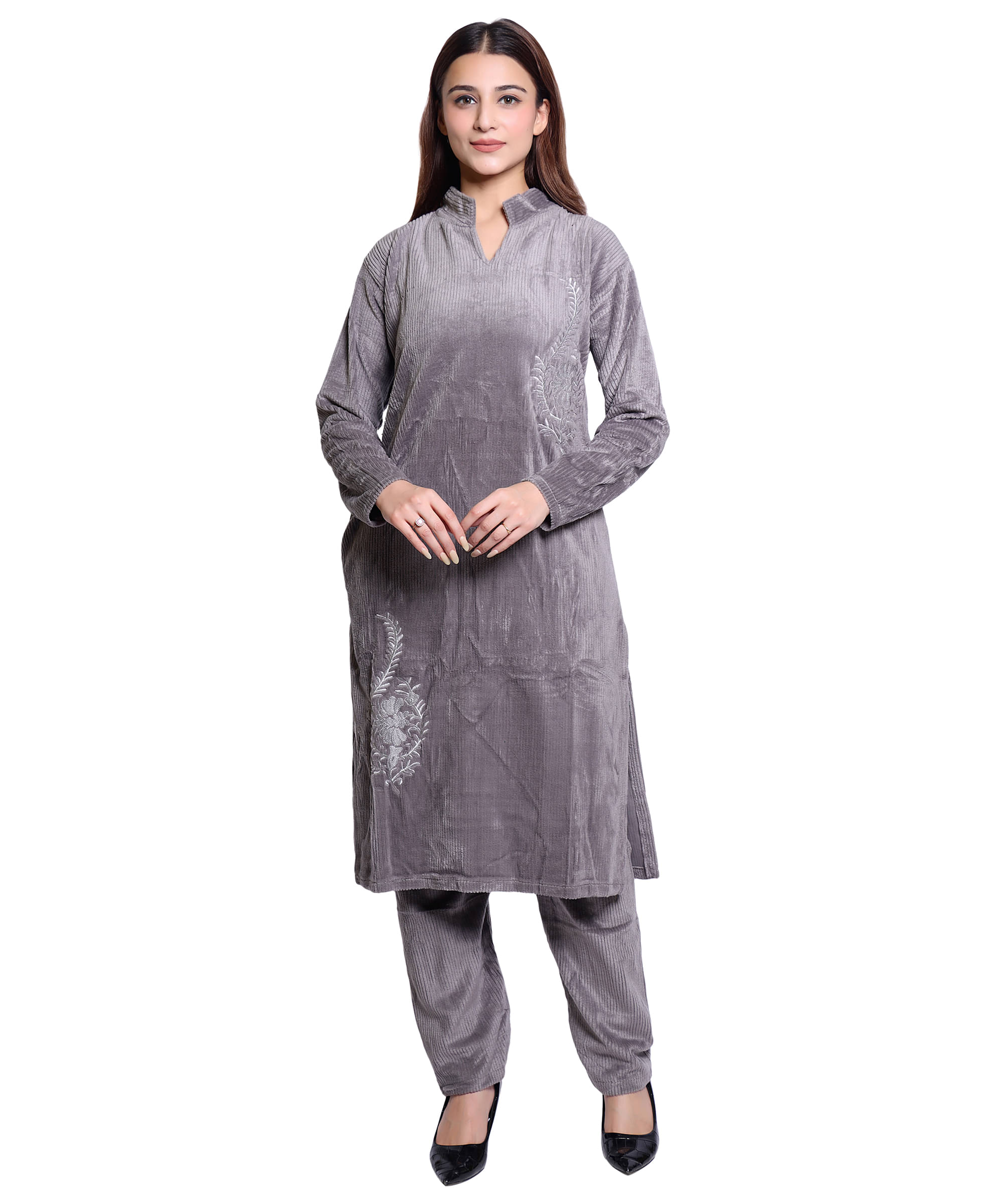 HRD7 Women Woollen Self Design Straight Kurti With Pants ( Grey )     			HRD7 Women Woollen Self Design Straight Kurti With Pants ( Grey )