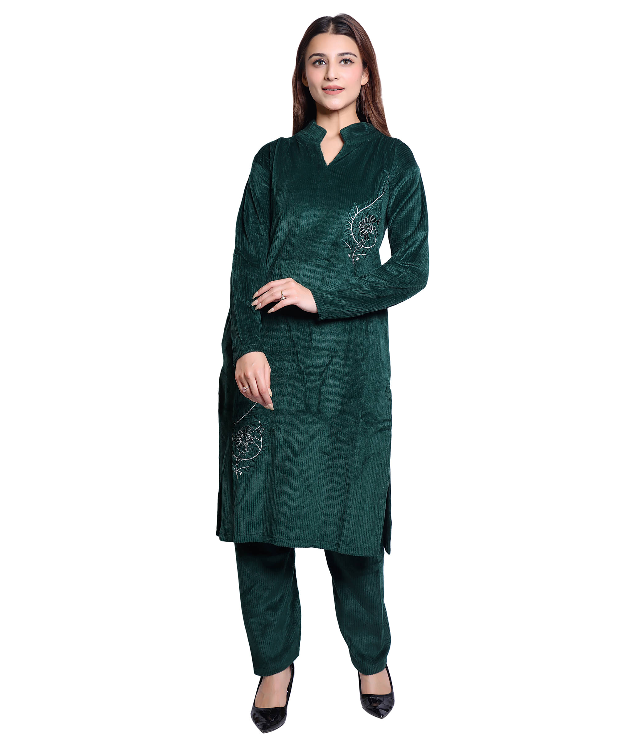     			HRD7 Women Woollen Self Design Straight Kurti With Pants ( Green )