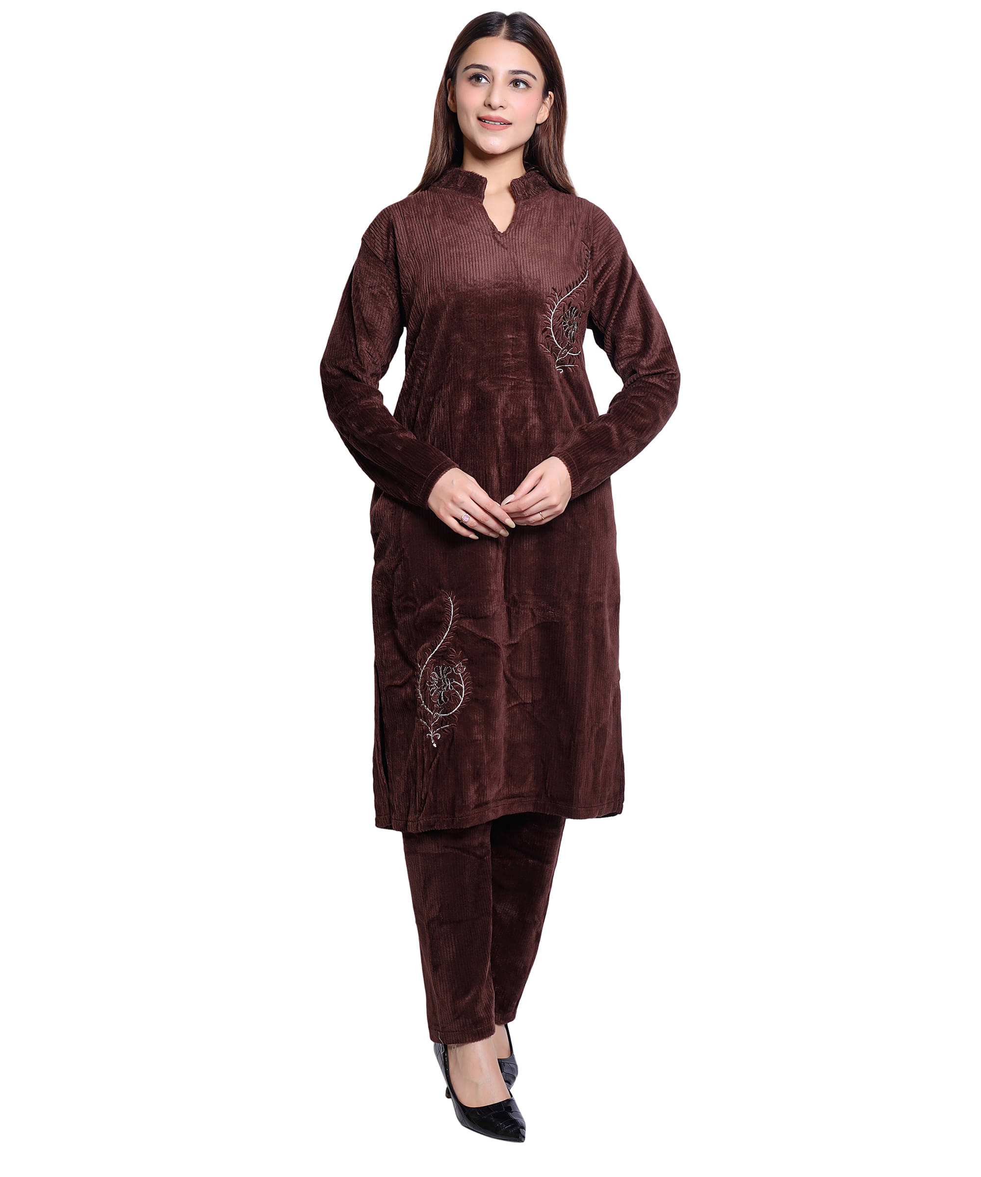 HRD7 Women Woollen Self Design Straight Kurti With Pants ( Brown )     			HRD7 Women Woollen Self Design Straight Kurti With Pants ( Brown )