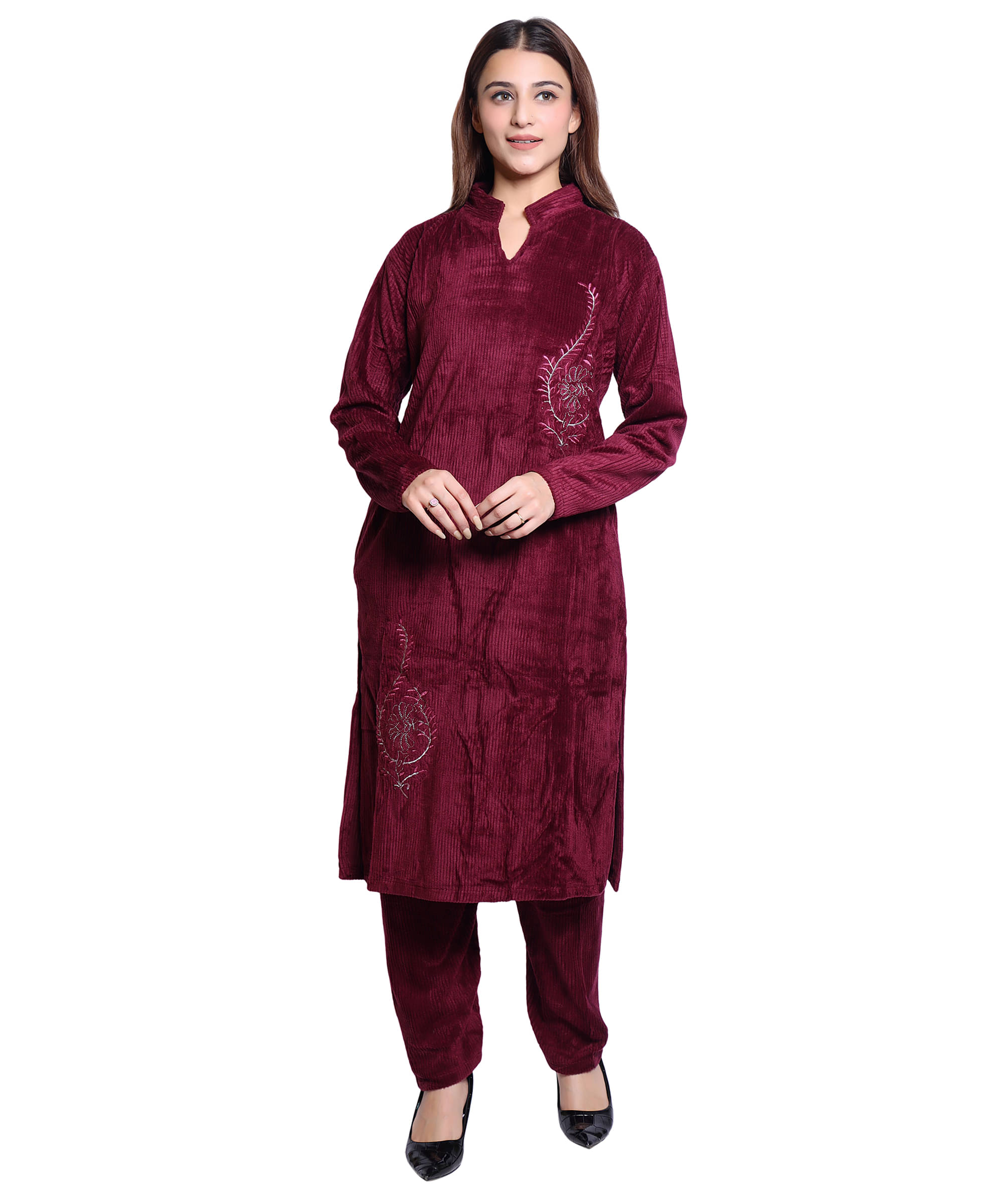 HRD7 Women Woollen Self Design Straight Kurti With Pants ( Maroon )     			HRD7 Women Woollen Self Design Straight Kurti With Pants ( Maroon )