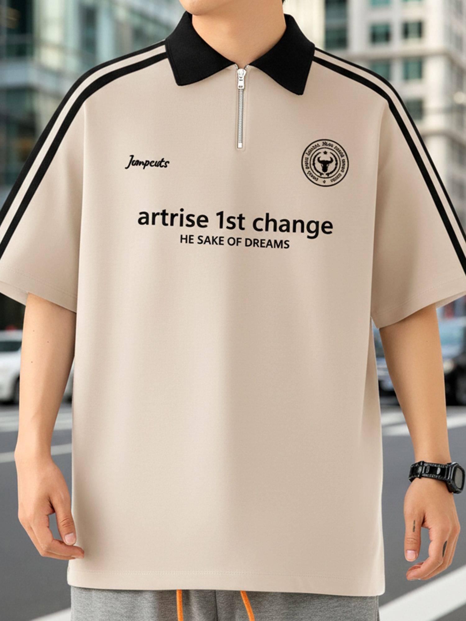 JUMP CUTS Men Cotton Blend Regular Fit Printed Polo T Shirt ( Beige )     			JUMP CUTS Men Cotton Blend Regular Fit Printed Polo T Shirt ( Beige )