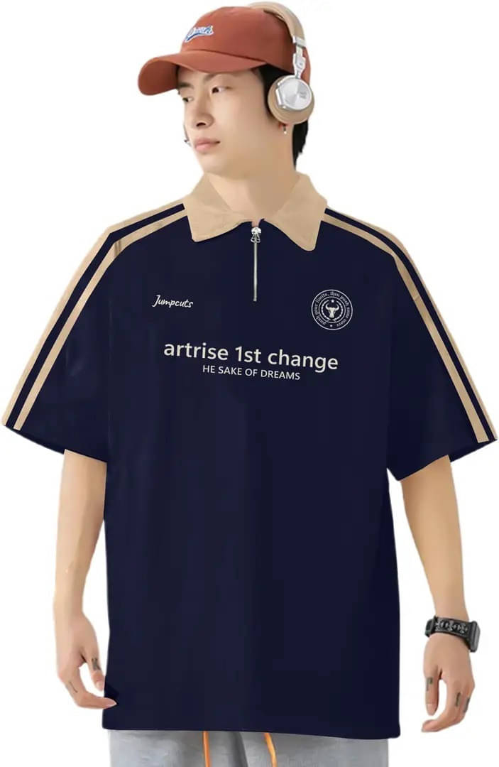 JUMP CUTS Men Cotton Blend Oversized Fit Printed Polo T Shirt ( Multicolor )     			JUMP CUTS Men Cotton Blend Oversized Fit Printed Polo T Shirt ( Multicolor )