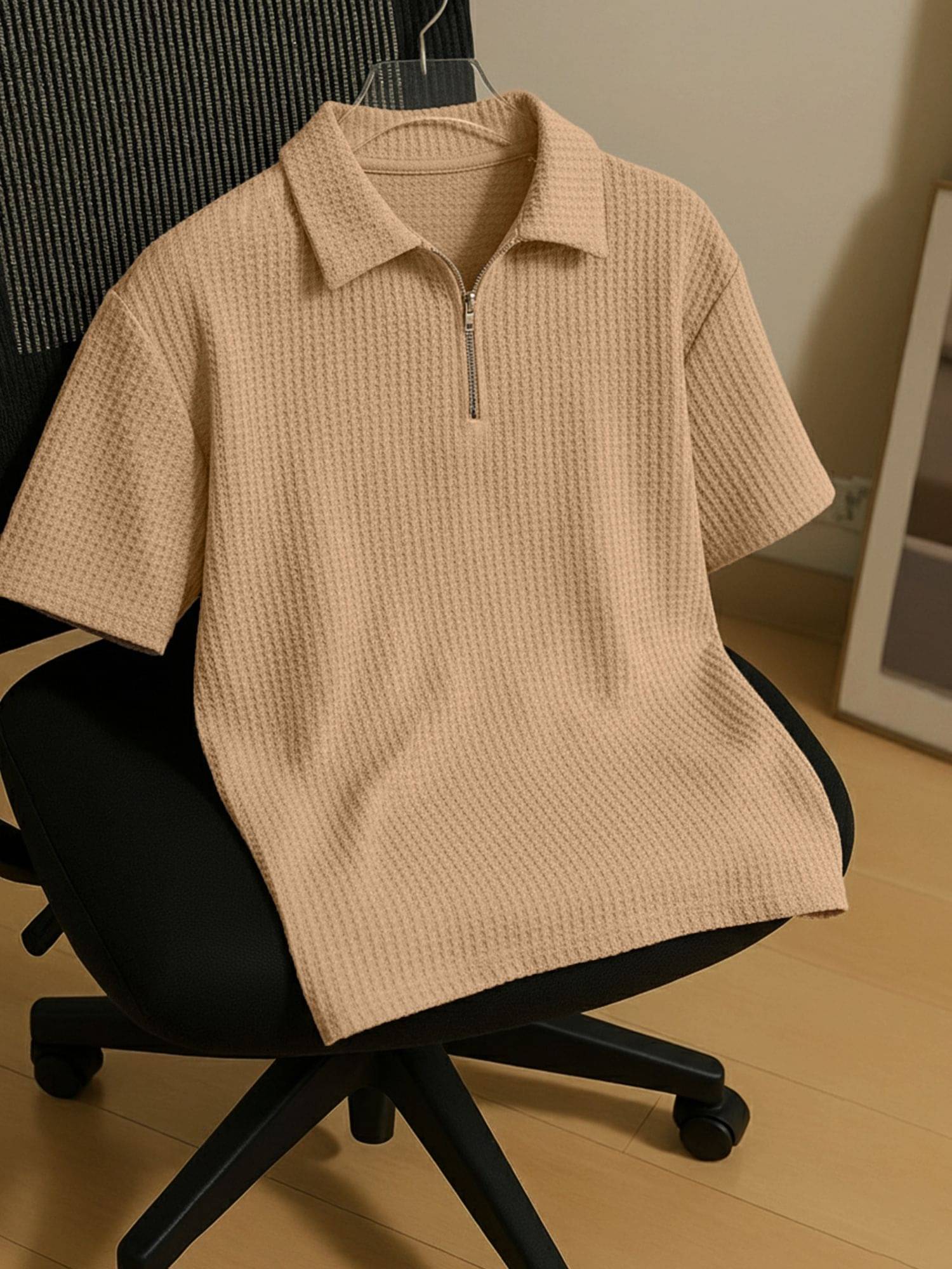 JUMP CUTS Men Cotton Blend Regular Fit Self Design Polo T Shirt ( Beige )     			JUMP CUTS Men Cotton Blend Regular Fit Self Design Polo T Shirt ( Beige )