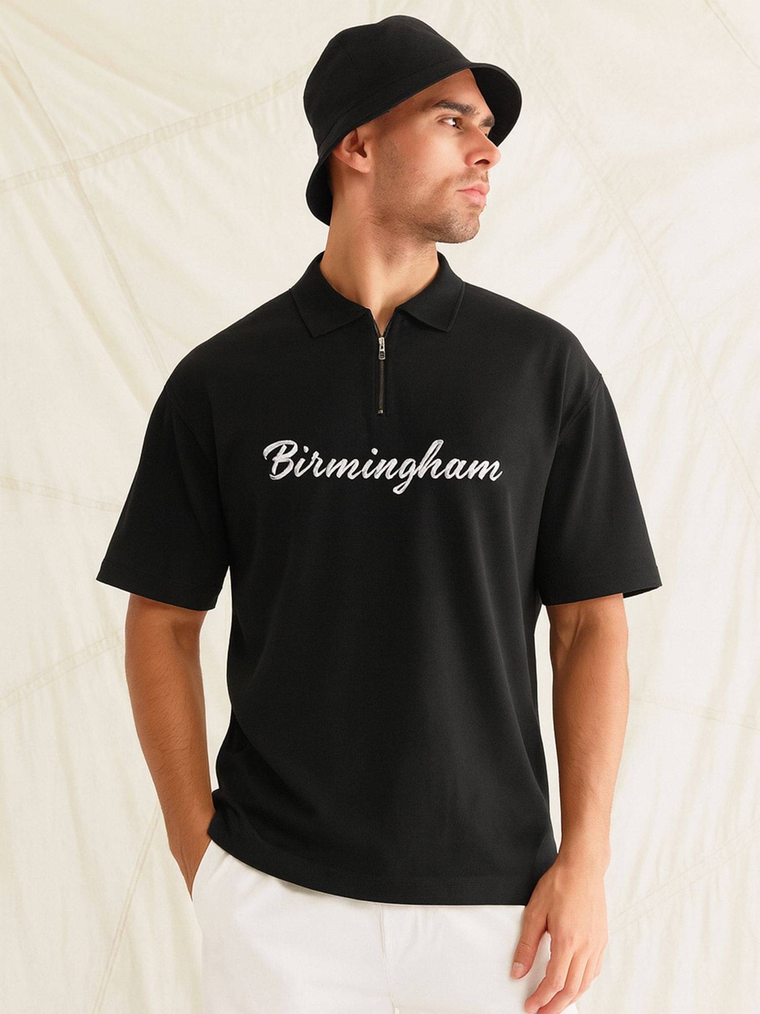     			JUMP CUTS Men Cotton Blend Oversized Fit Printed Polo T Shirt ( Black )