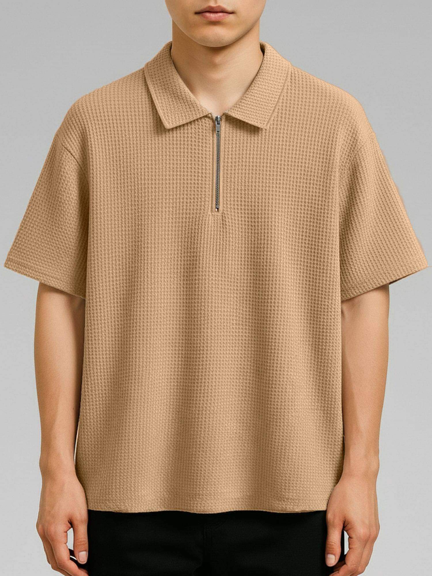 JUMP CUTS Men Cotton Blend Regular Fit Self Design Polo T Shirt ( Beige )     			JUMP CUTS Men Cotton Blend Regular Fit Self Design Polo T Shirt ( Beige )