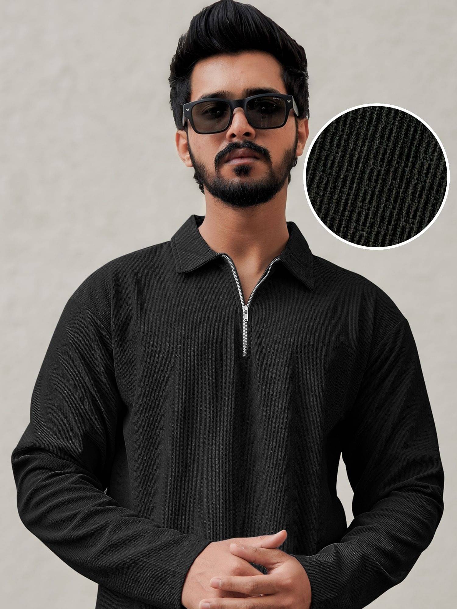 JUMP CUTS Men Cotton Blend Regular Fit Self Design Polo T Shirt ( Black )     			JUMP CUTS Men Cotton Blend Regular Fit Self Design Polo T Shirt ( Black )