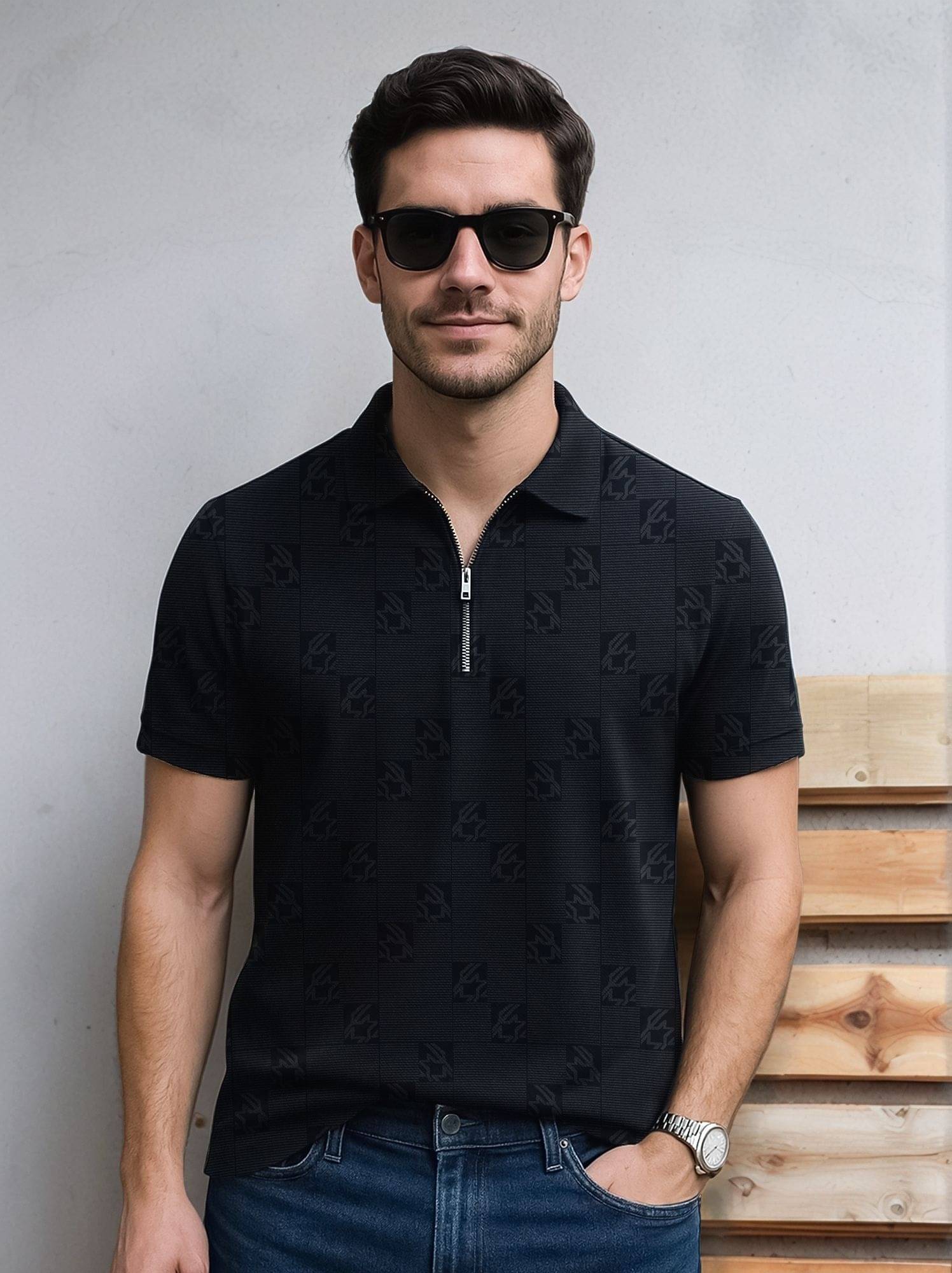 JUMP CUTS Men Polyester Regular Fit Printed Polo T Shirt ( Black ) JUMP CUTS Men Polyester Regular Fit Printed Polo T Shirt ( Black )