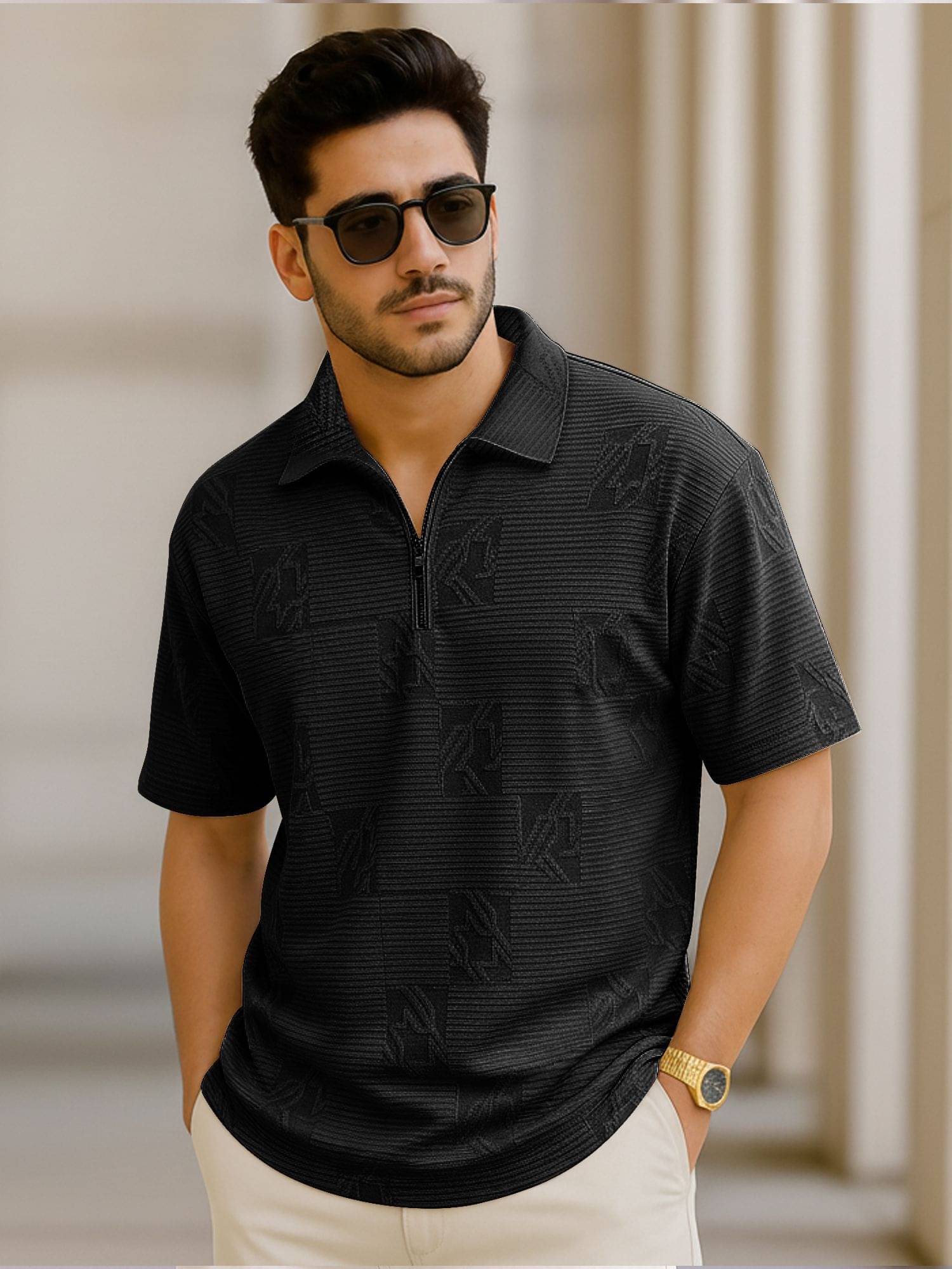 JUMP CUTS Men Polyester Regular Fit Self Design Polo T Shirt ( Black )     			JUMP CUTS Men Polyester Regular Fit Self Design Polo T Shirt ( Black )