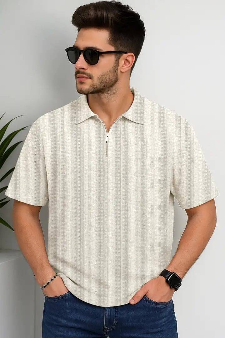 JUMP CUTS Men Polyester Regular Fit Self Design Polo T Shirt ( White )     			JUMP CUTS Men Polyester Regular Fit Self Design Polo T Shirt ( White )