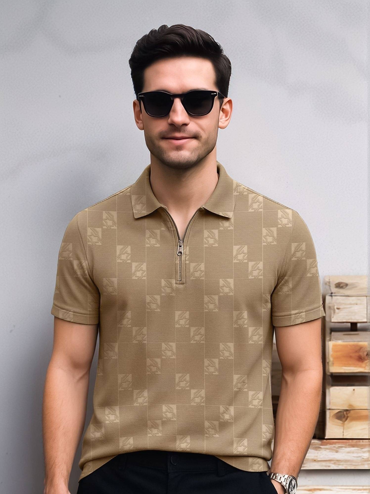 JUMP CUTS Men Polyester Regular Fit Printed Polo T Shirt ( Beige )     			JUMP CUTS Men Polyester Regular Fit Printed Polo T Shirt ( Beige )