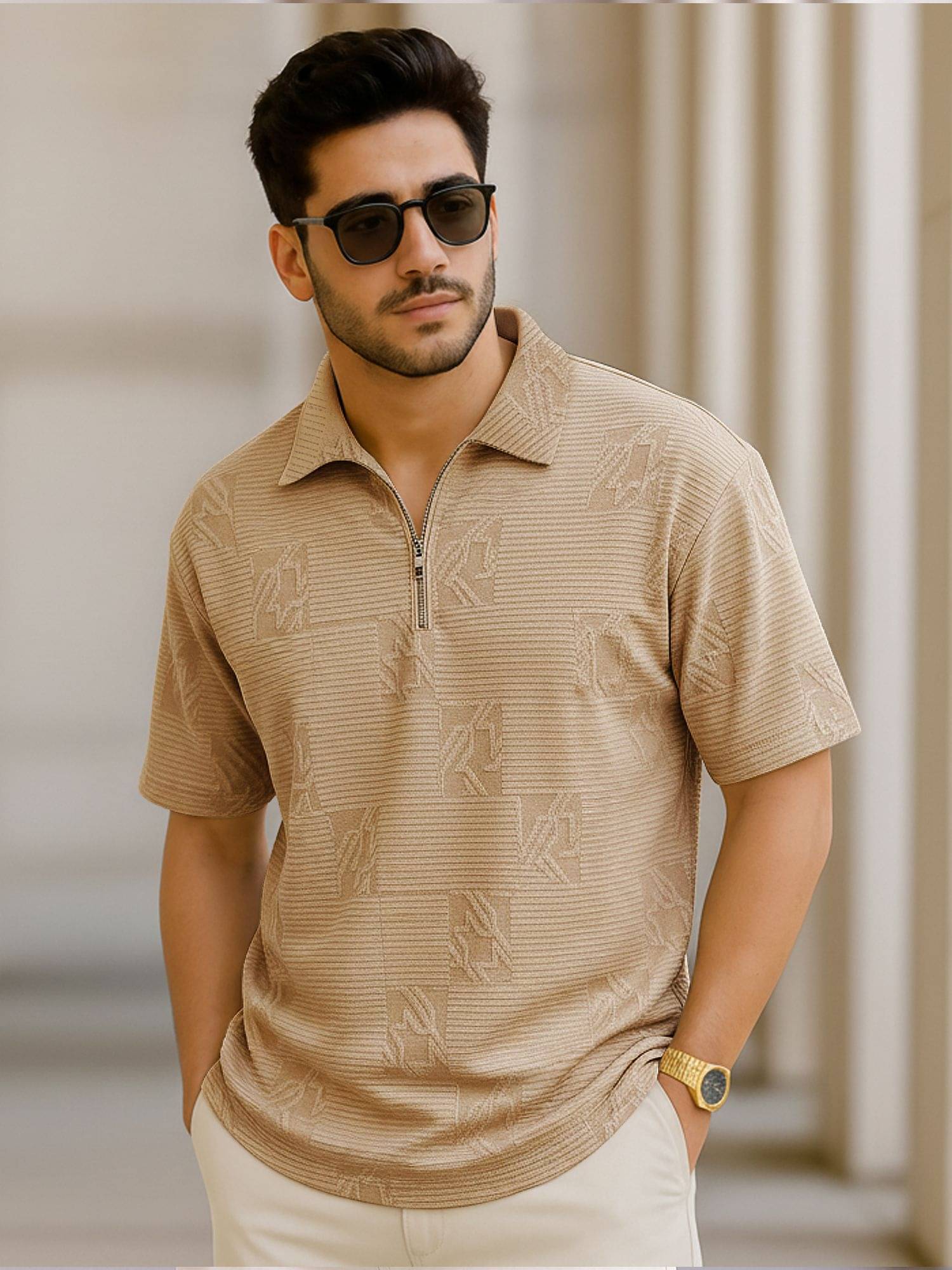 JUMP CUTS Men Polyester Regular Fit Self Design Polo T Shirt ( Beige )     			JUMP CUTS Men Polyester Regular Fit Self Design Polo T Shirt ( Beige )