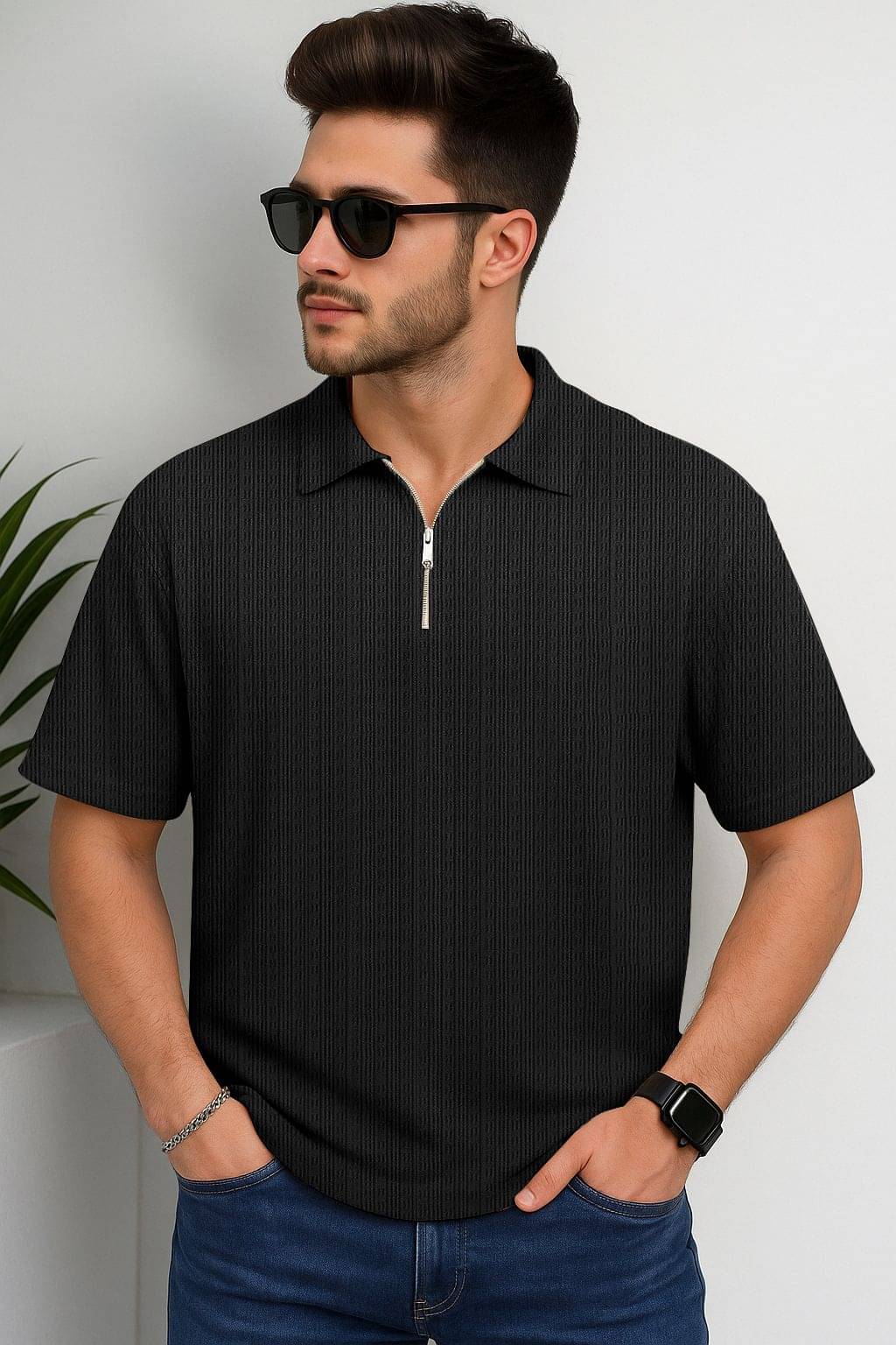 JUMP CUTS Men Polyester Regular Fit Self Design Polo T Shirt ( Black )     			JUMP CUTS Men Polyester Regular Fit Self Design Polo T Shirt ( Black )