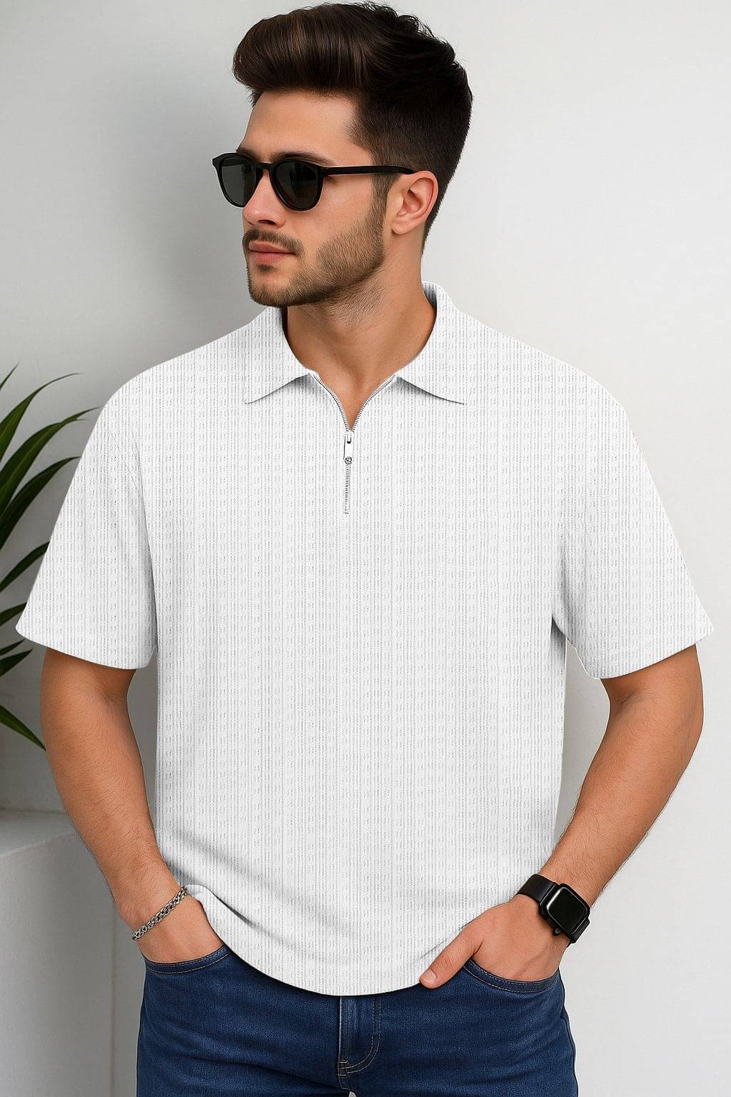 JUMP CUTS Men Polyester Regular Fit Self Design Polo T Shirt ( White )     			JUMP CUTS Men Polyester Regular Fit Self Design Polo T Shirt ( White )