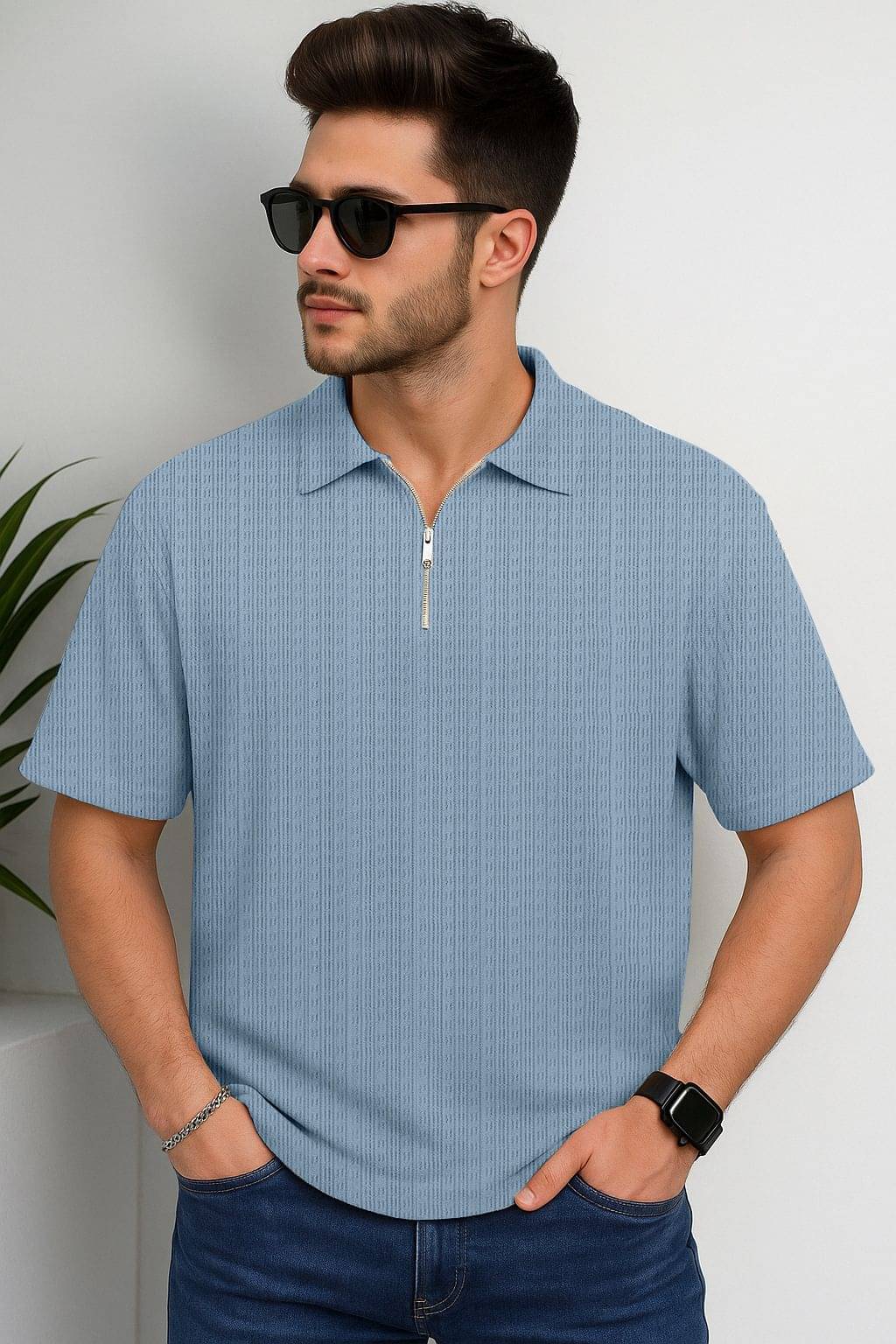 JUMP CUTS Men Polyester Regular Fit Self Design Polo T Shirt ( Blue )     			JUMP CUTS Men Polyester Regular Fit Self Design Polo T Shirt ( Blue )