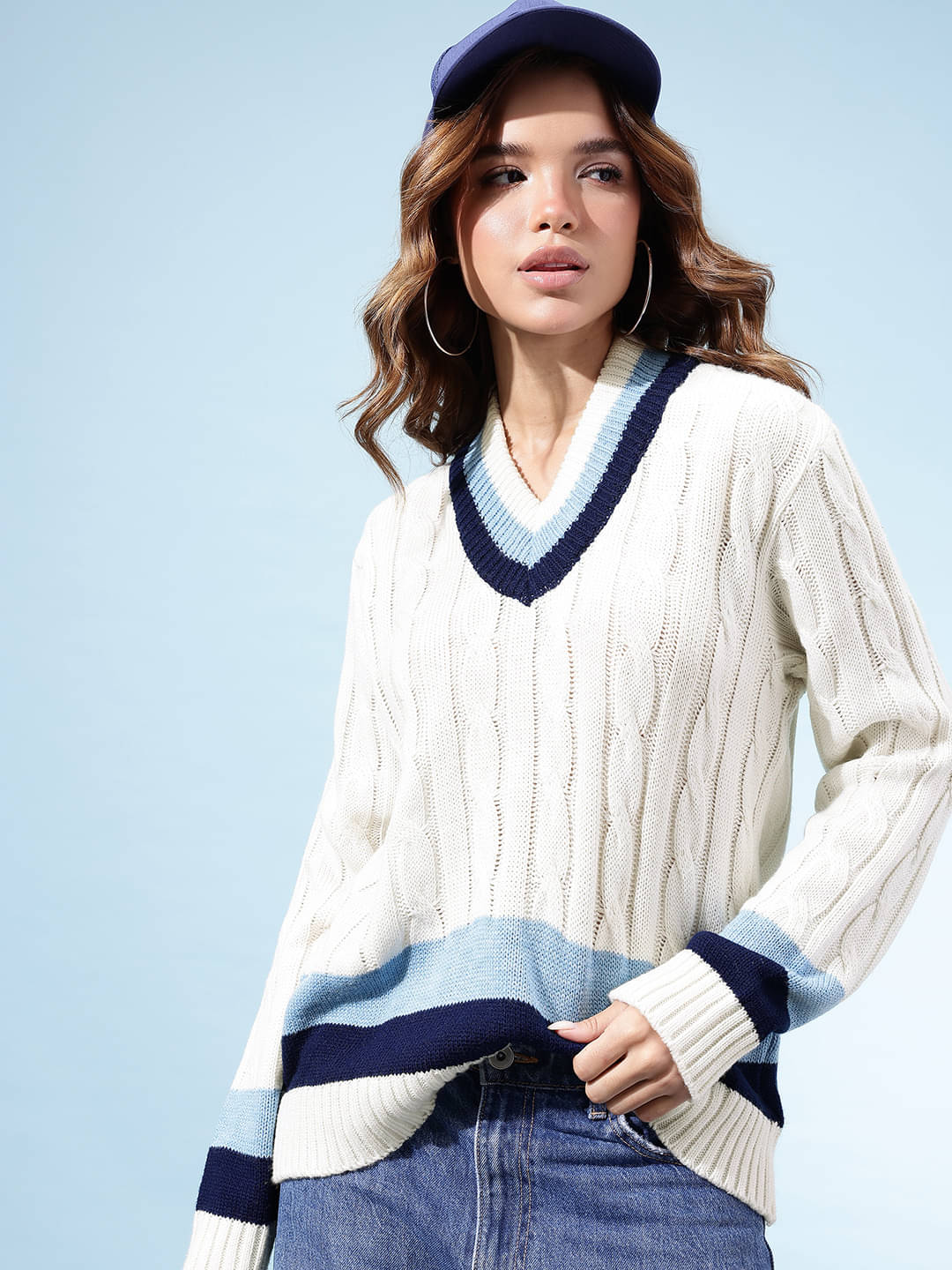     			KASMA Women Acrylic V-Neck Pullover ( Navy )