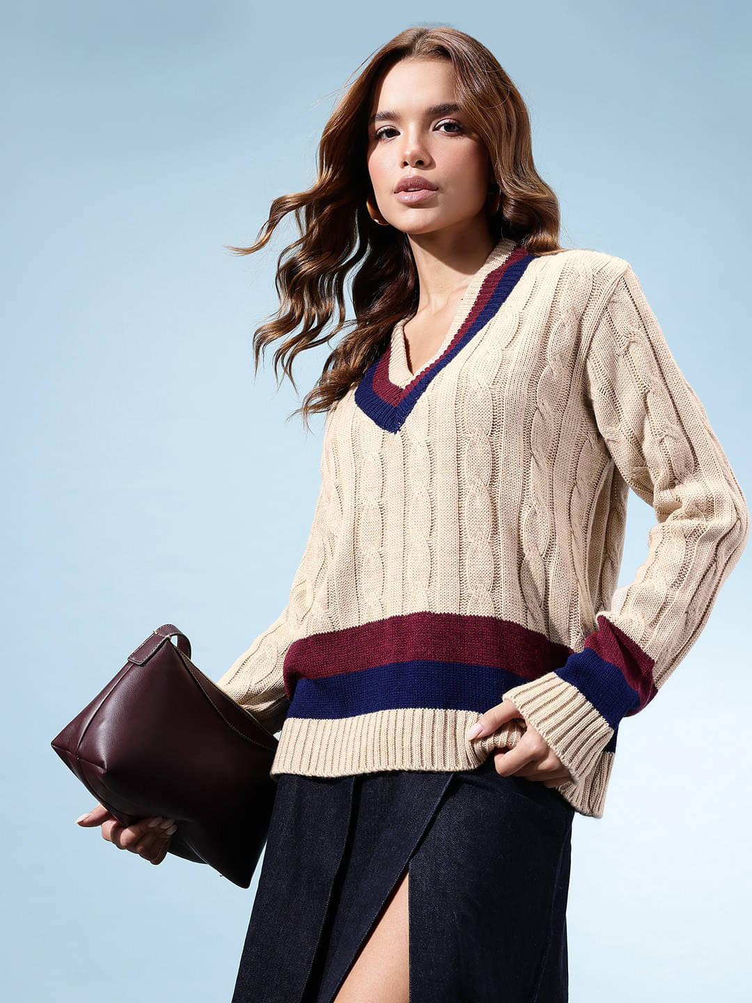     			KASMA Women Acrylic V-Neck Pullover ( Brown )