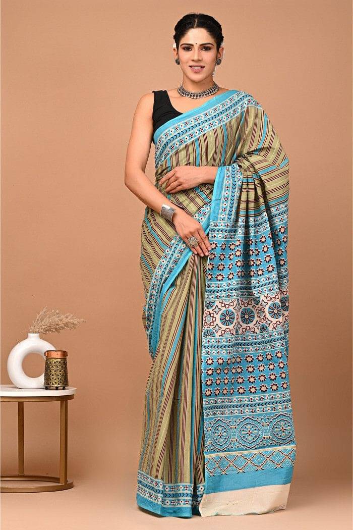 Lovwear Cotton Printed Regular Saree With Unstitched Blouse Piece ( Green,Light Blue )     			Lovwear Cotton Printed Regular Saree With Unstitched Blouse Piece ( Green,Light Blue )