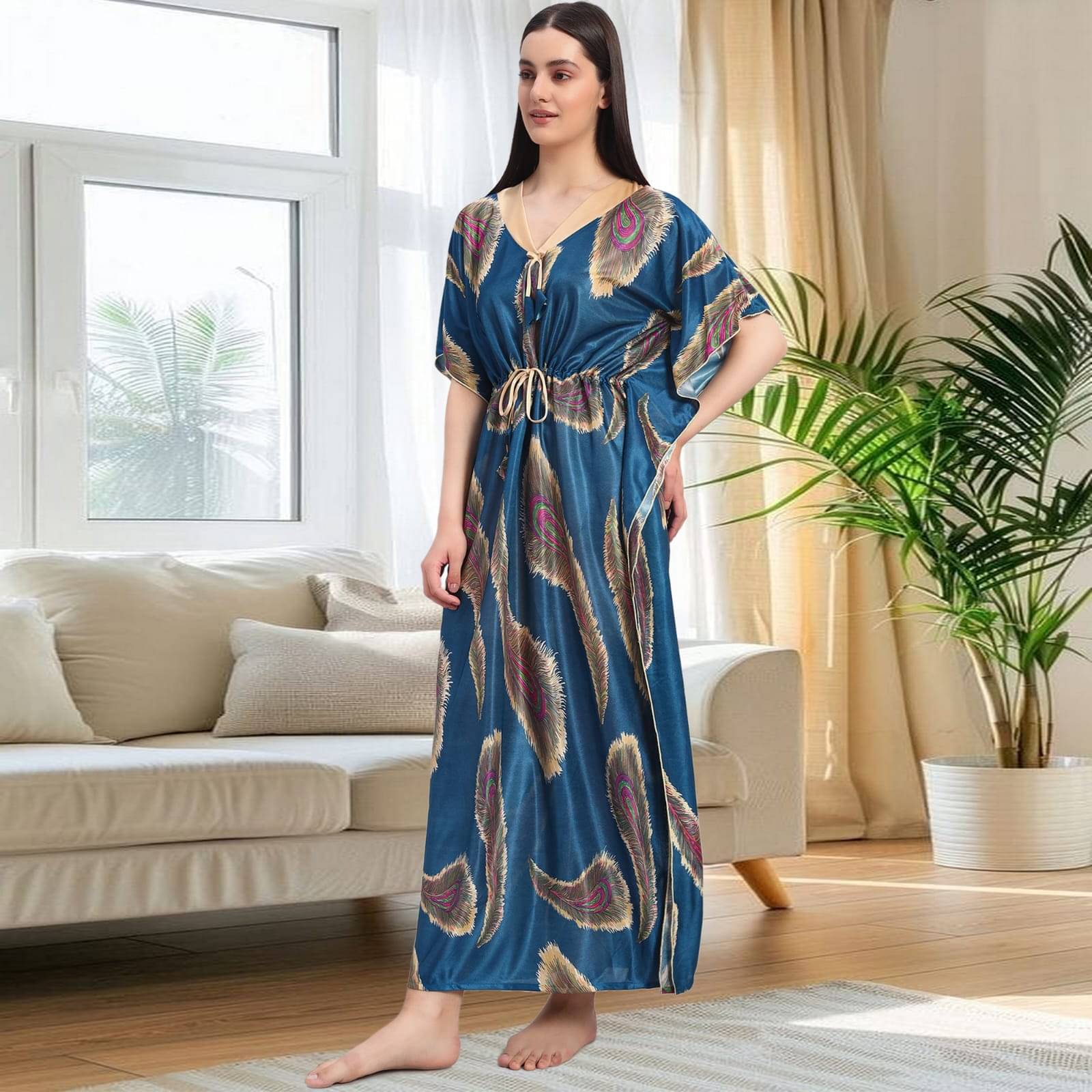     			Must have Satin Self Design Women Kaftan Nighty ( Blue )