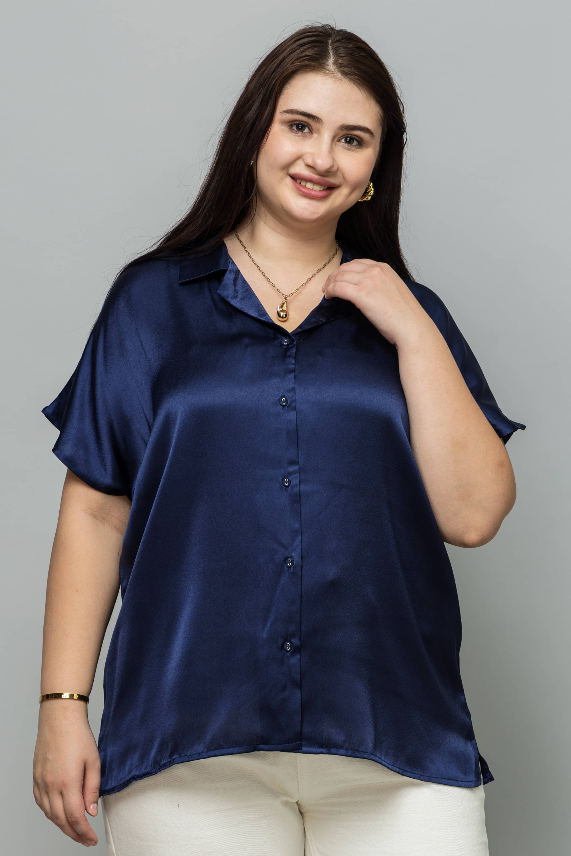 Purys Women Solid Satin Shirt ( Navy Blue ) Purys Women Solid Satin Shirt ( Navy Blue )
