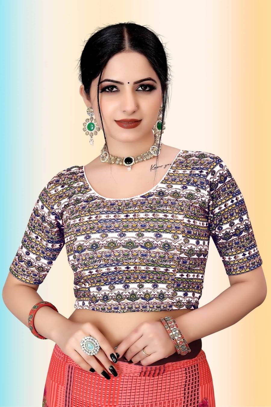 TANISHAM FEB TEX Cotton Blend Readymade without Pad U-Neck Women's Blouse ( Multicoloured ) TANISHAM FEB TEX Cotton Blend Readymade without Pad U-Neck Women's Blouse ( Multicoloured )