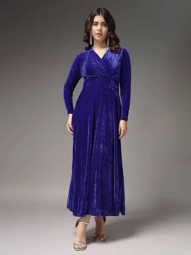 True Westies Women Velvet Solid A-line Dress ( Blue )     			True Westies Women Velvet Solid A-line Dress ( Blue )
