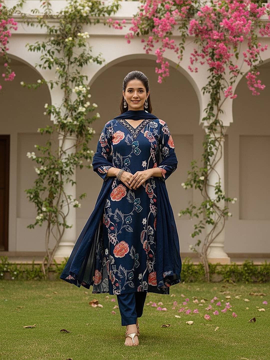 Vaamsi Women Cotton Blend Printed Straight Kurti With Pants ( Blue )