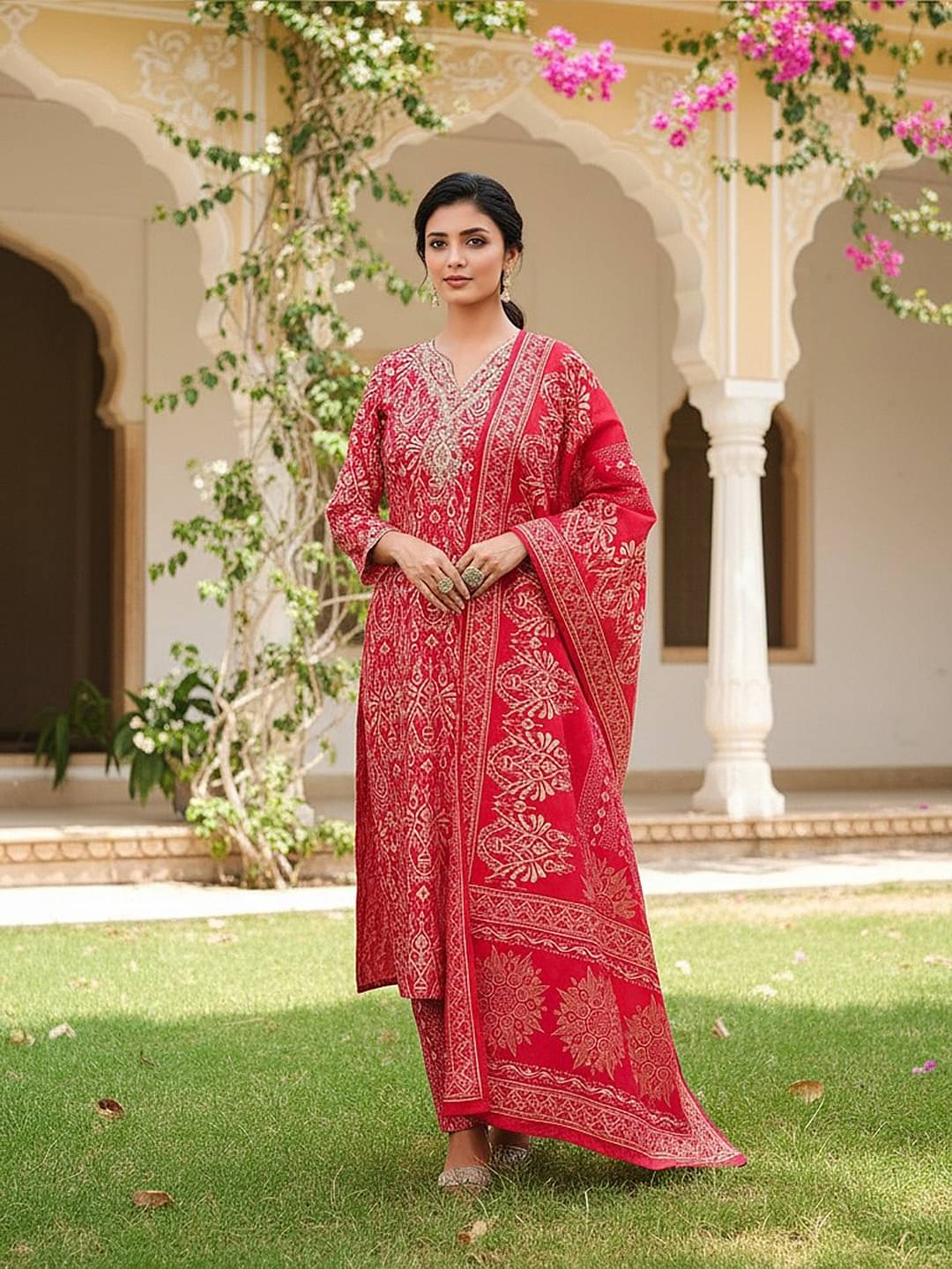 Vaamsi Women Silk Blend Printed Straight Kurti With Pants ( Red )     			Vaamsi Women Silk Blend Printed Straight Kurti With Pants ( Red )