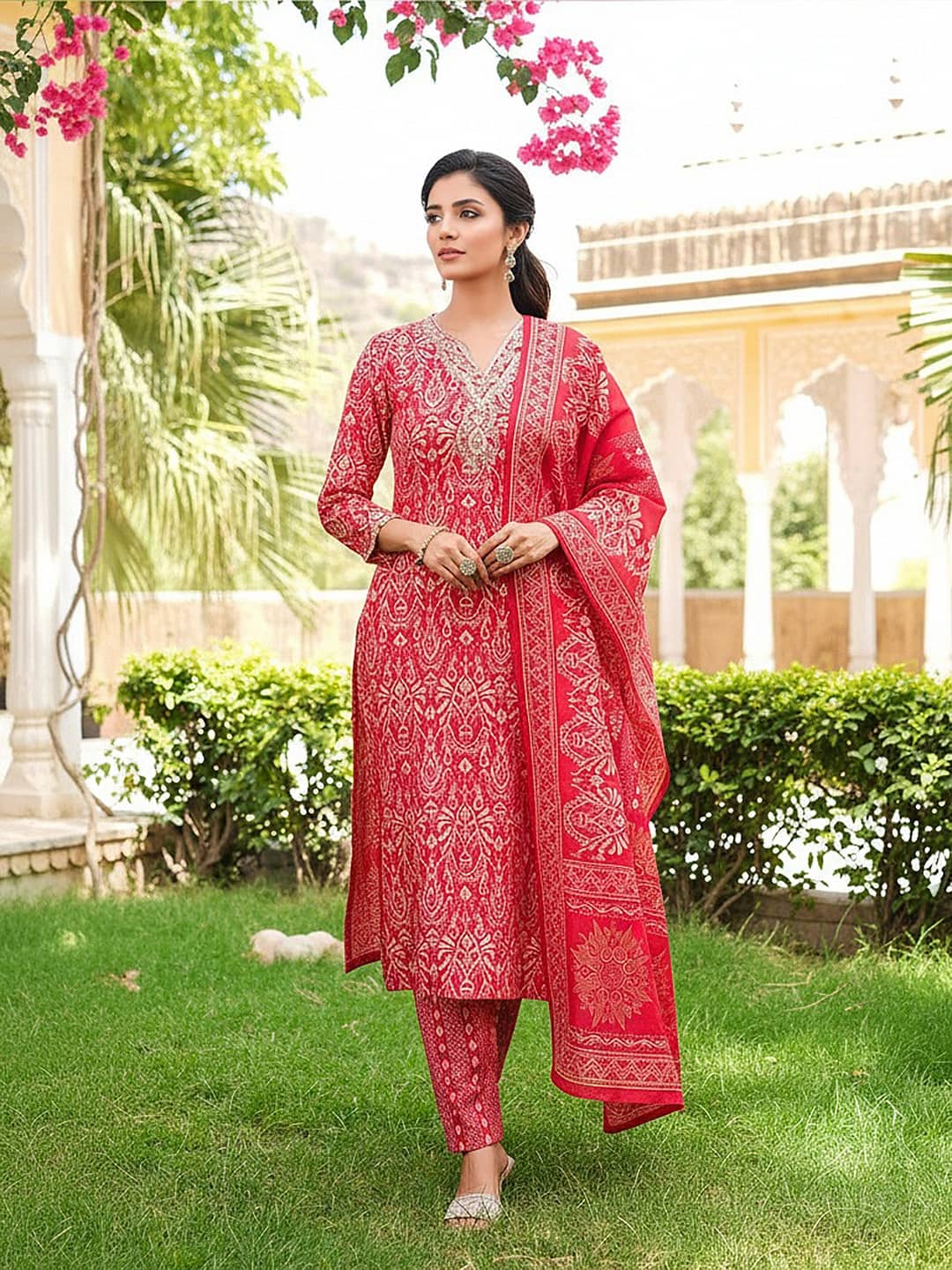Vaamsi Women Silk Blend Printed Straight Kurti With Pants ( Red )