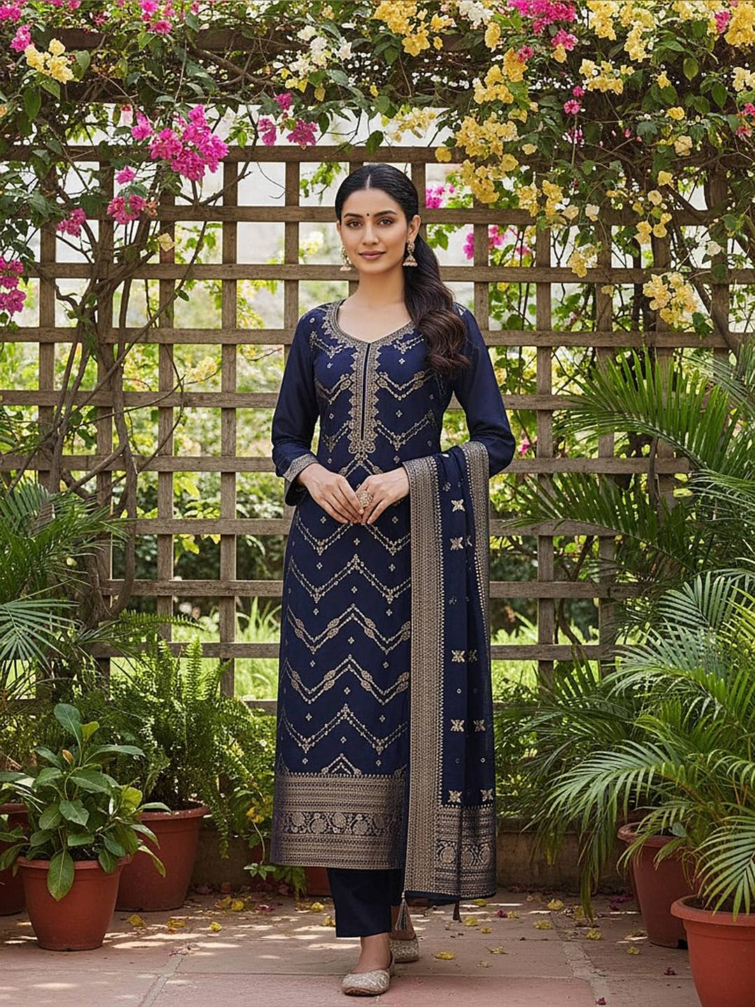 Vaamsi Women Silk Blend Self Design Straight Kurti With Pants ( Navy Blue ) Vaamsi Women Silk Blend Self Design Straight Kurti With Pants ( Navy Blue )