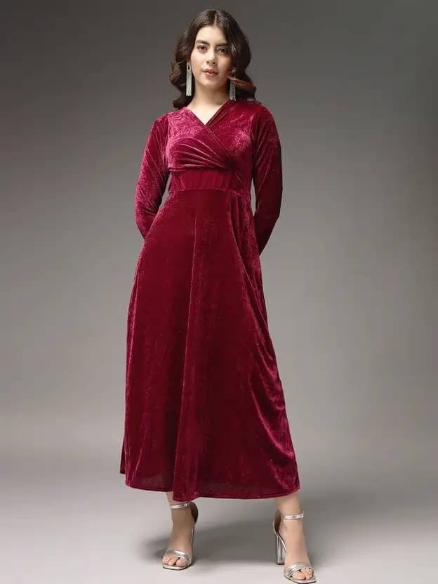 Westchic Women Velvet Solid A-line Dress ( Red )     			Westchic Women Velvet Solid A-line Dress ( Red )