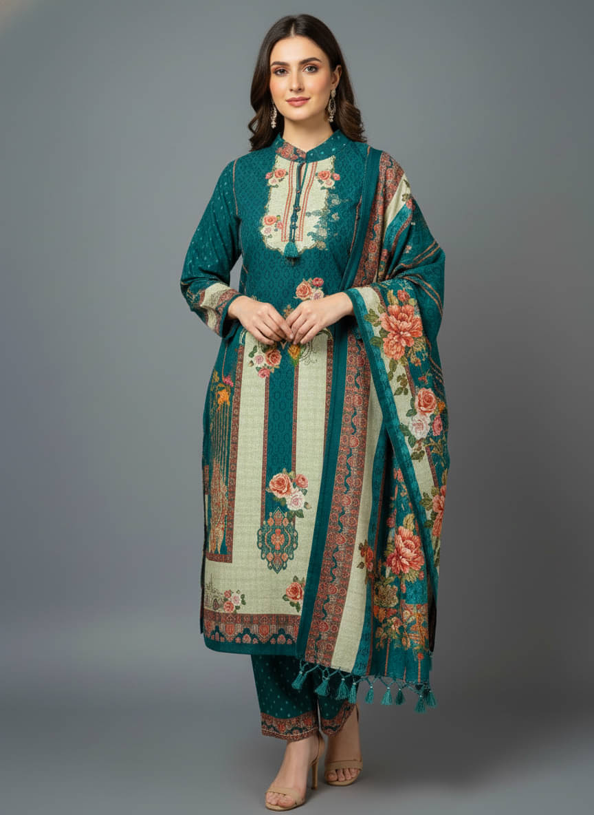 Xenios Women Woollen Printed A-line Kurti With Palazzo ( Green )     			Xenios Women Woollen Printed A-line Kurti With Palazzo ( Green )