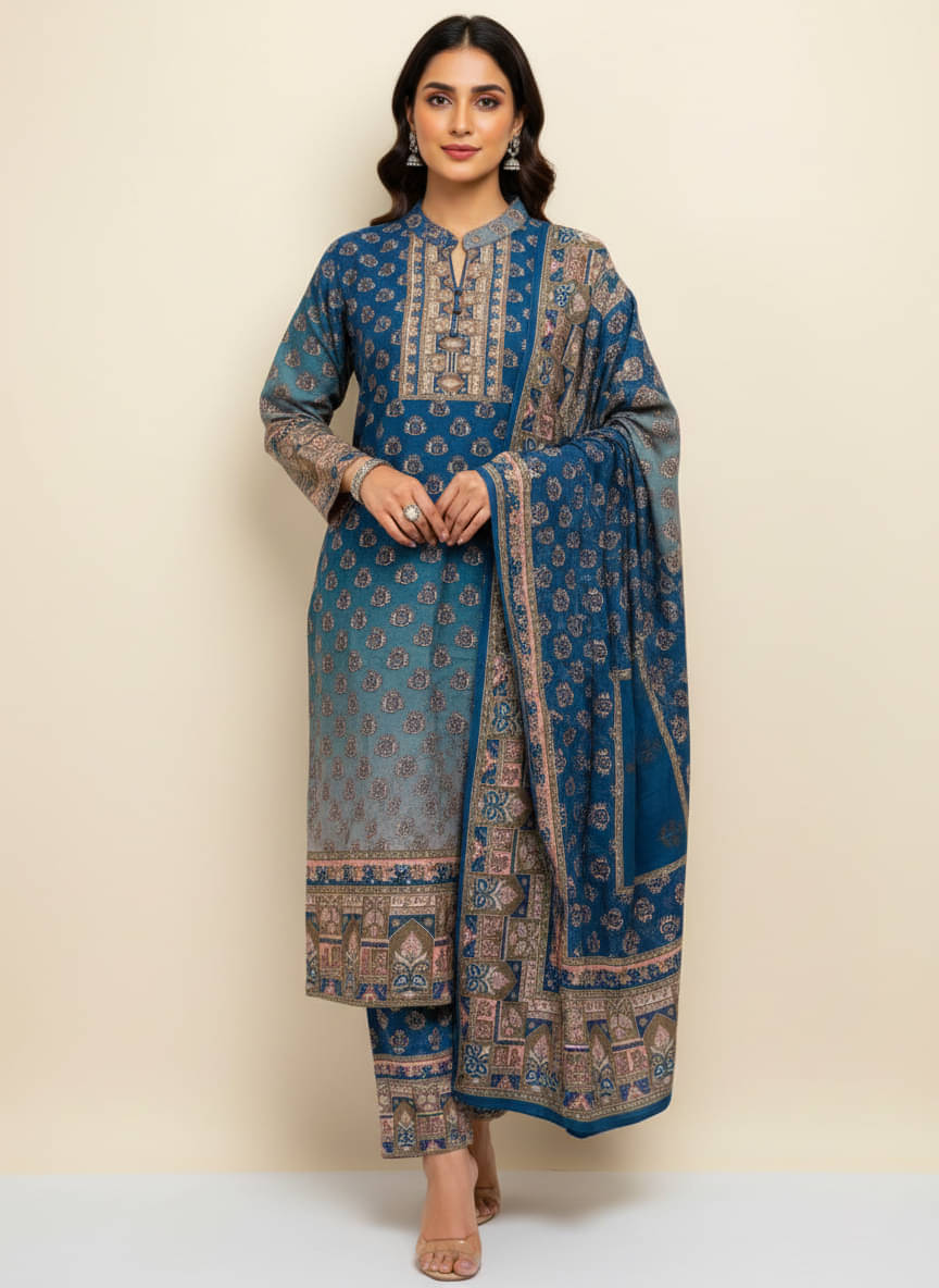 Xenios Women Woollen Printed A-line Kurti With Palazzo ( Blue )     			Xenios Women Woollen Printed A-line Kurti With Palazzo ( Blue )