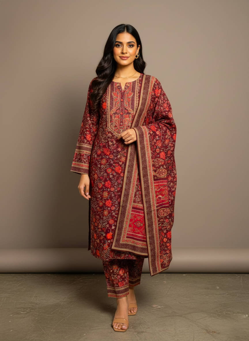 Xenios Women Woollen Printed A-line Kurti With Palazzo ( Maroon )     			Xenios Women Woollen Printed A-line Kurti With Palazzo ( Maroon )